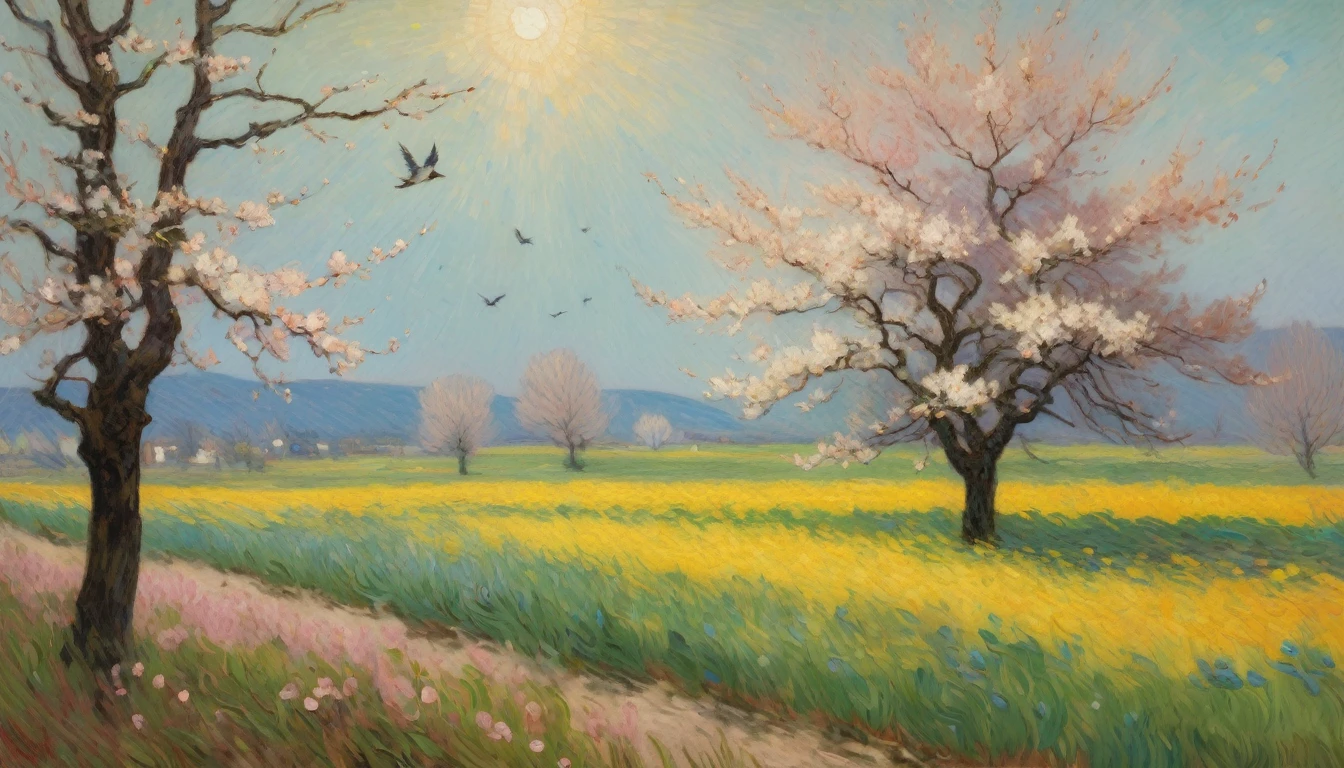 A stunning Impressionist-style painting that captures the essence of spring with vibrant colors and Monet's signature broken brushwork. The focal point is a beautiful cherry blossom tree, its delicate pink petals seemingly dancing in the air, with thick, visible strokes of rose and white bringing them to life. Amidst the blossoming branches, a small songbird trills, its vital essence captured through loose brushwork. The scene is bathed in dappled morning light, with a sense of atmosphere and sensory delight taking precedence over sharp lines and details. This modern master's interpretation of Impressionism perfectly encapsulates nature's annual reawakening into a harmonious, sublime vista.