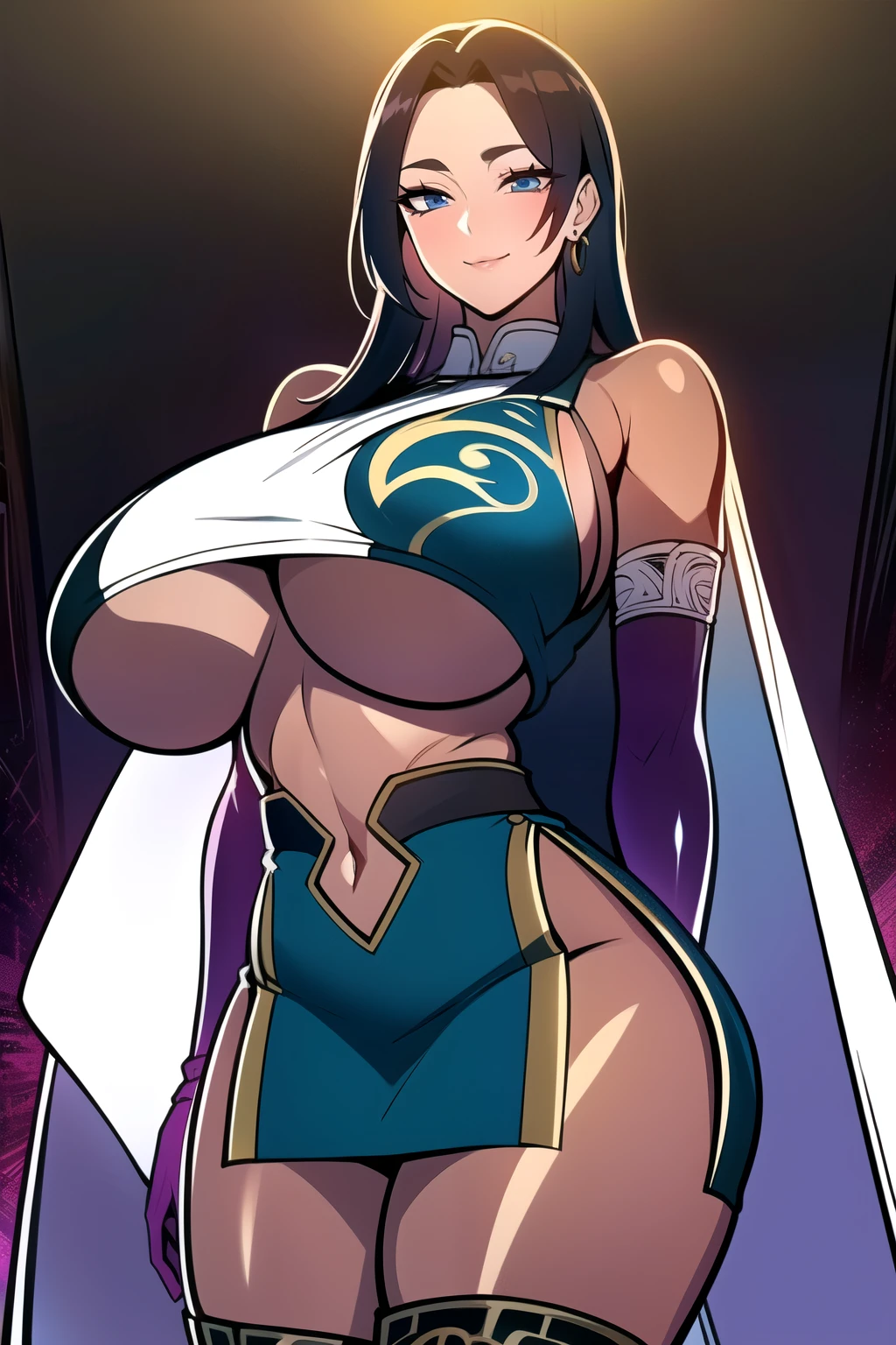 ultra realistic 8k cg, masterpiece, (( intricate detail, highly detailed, fine details best quality, hyperdetailed face)), gigantic breasts ,beautiful lighting, absurdres, BoaHancockV2, 1girl, solo, black hair, long hair, jewelry, closed mouth, ), (chinese dress, (underboob : 1.4), elbow gloves, thigh boots, split skirt, bare shoulders, curvy, midriff, curvy, thighs, shiny clothes), blue eyes, (complex detailed background, inside, luxury palace), ((cowboy shot)), curvy, (gigantic breasts: 1.1), seductive smile, cowboy shot, (tan skin :1.1) (tan face:1.1)