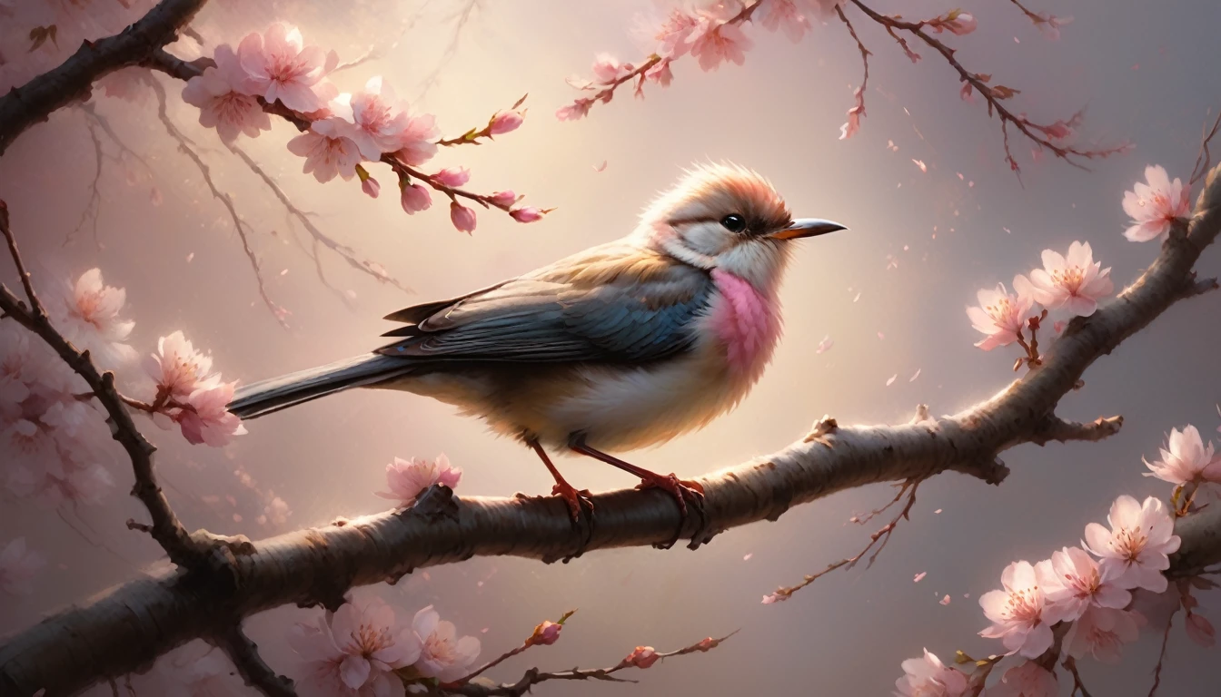 A breathtaking contemporary interpretation of Rembrandt's style, capturing the essence of spring with a burst of delicate pink cherry blossoms. The canvas is alive with swirling winds and petals that dance as if in celebration. A small bird perched on a branch, its beak open wide, appears to sing joyfully into the new season. The masterful use of chiaroscuro highlights the bird's performance, with rays of morning light illuminating its chest while the surrounding blossoms softly fade away. The atmospheric background hints at the unseen forces of the breeze, bringing this transcendent scene of nature's rebirth to life through the reinterpretation of Rembrandt's reverent mastery for the modern age.