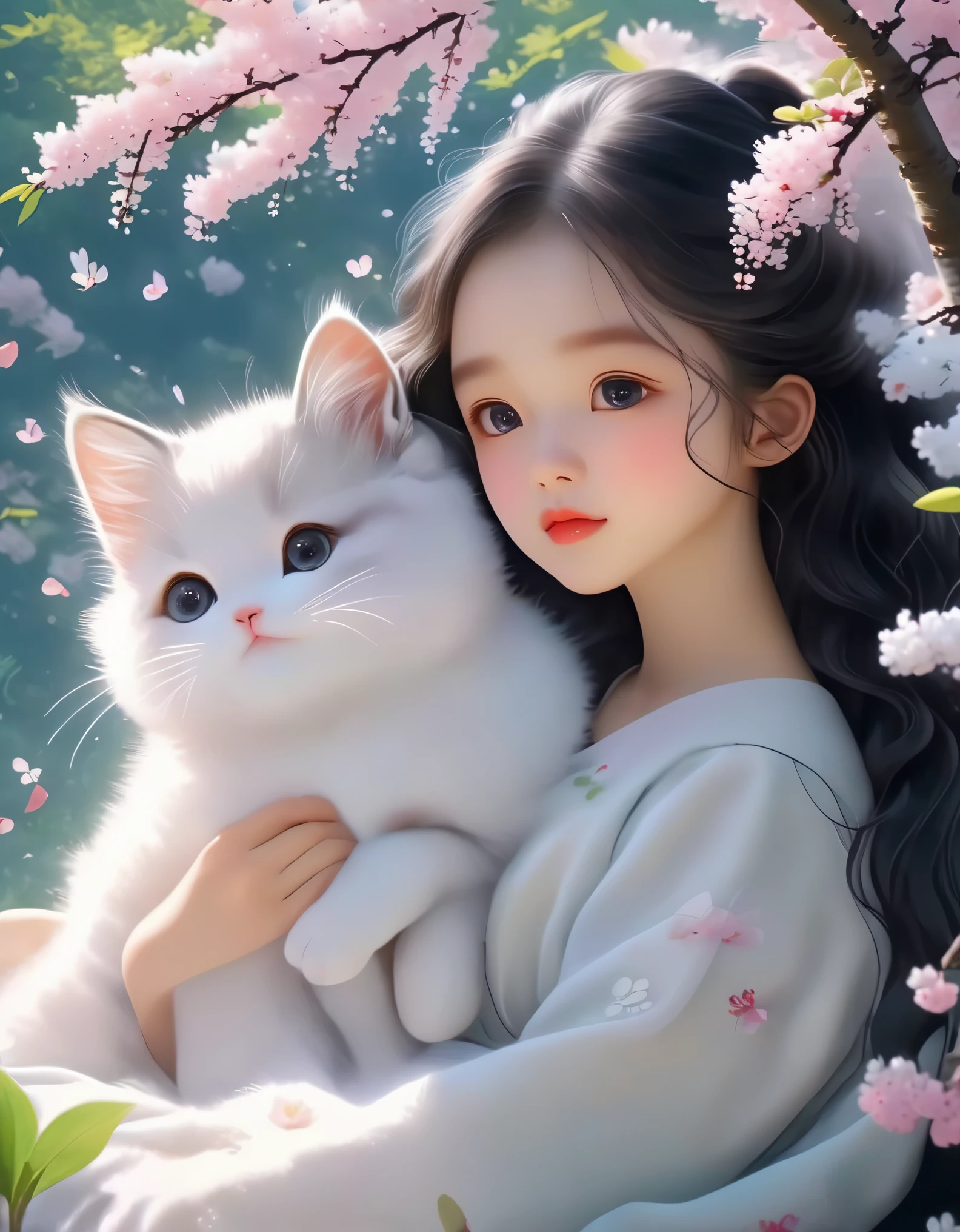 (best quality,4k,8k,highres,masterpiece:1.2),ultra-detailed,realistic:1.37,illustration,Studio Ghibli-inspired,bedscene,girl,black hair,lazy morning,laziness,cute,detailed eyes,detailed lips,reluctance,wanting to sleep in,two lazy cats,spring essence,sakura trees,cherry blossoms,bright colors,warm sunlight,soft lighting,cozy atmosphere,vibrant,youthful.