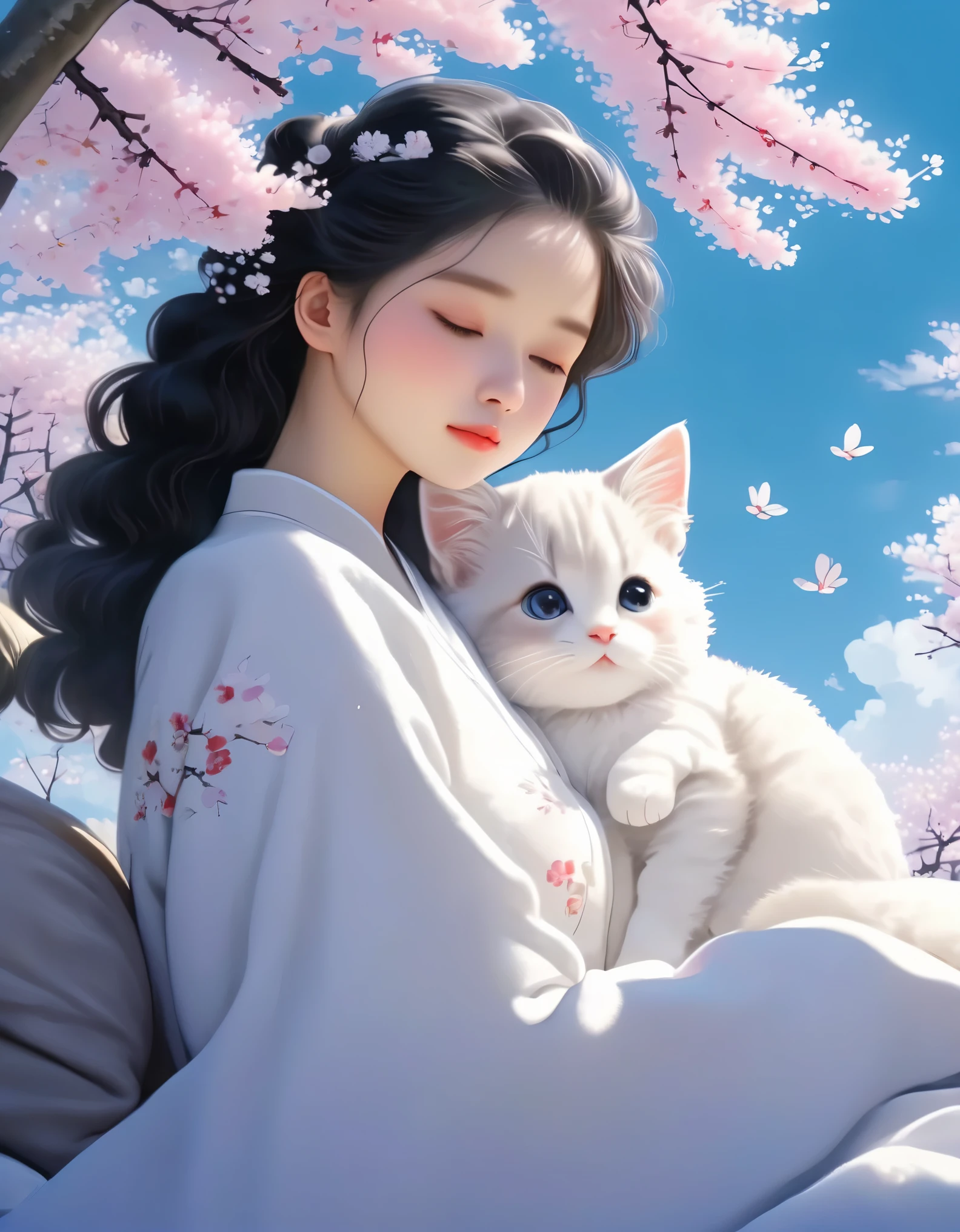 (best quality,4k,8k,highres,masterpiece:1.2),ultra-detailed,realistic:1.37,illustration,Studio Ghibli-inspired,bedscene,girl,black hair,lazy morning,laziness,cute,detailed eyes,detailed lips,reluctance,wanting to sleep in,two lazy cats,spring essence,sakura trees,cherry blossoms,bright colors,warm sunlight,soft lighting,cozy atmosphere,vibrant,youthful.