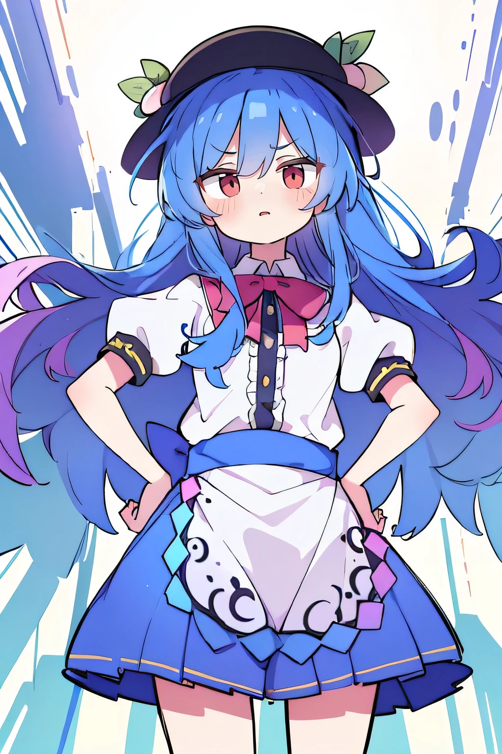 (masterpiece),best quality, expressive eyes, perfect face, 1girl,
 hands on waist,beautiful, gorgeous,anime,girl,lora,hinanawi tenshi, blue hair, blue haired, floating clothes,waist grab, grabbing waist, mains sur les hanches , hands on hips,flat chest