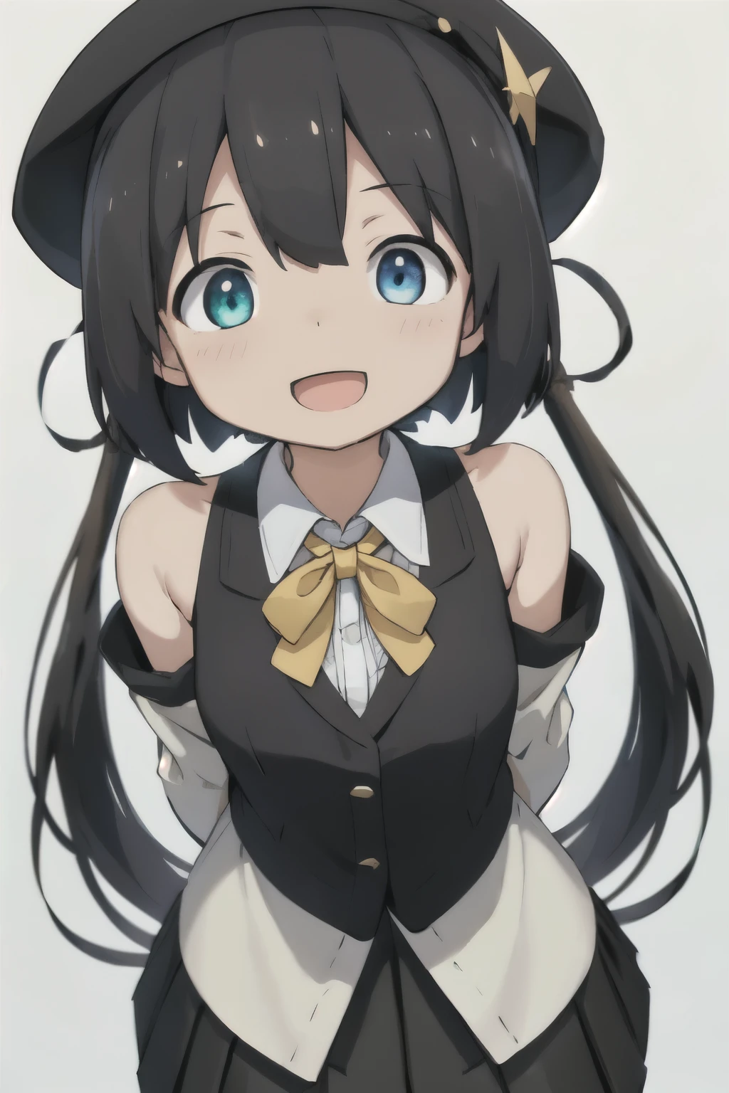 white background、Solid white background、blank background、arms behind back、adult woman、hide your hands、Upper body photographed from the front,(high quality, Breathtaking),(delicate eyes, perfect face)solo,Era: late 20s, Heterochromia - (yellow left eye、The left eye is yellow、light blue right eye、The right eye is light blue)、open your mouth without showing your teeth、Smile with mouth wide open、open your mouth wide、fish shaped hairpin、medium shoulder length hair, black hair, black long sleeve blazer clothes,black pleated skirt、black beret