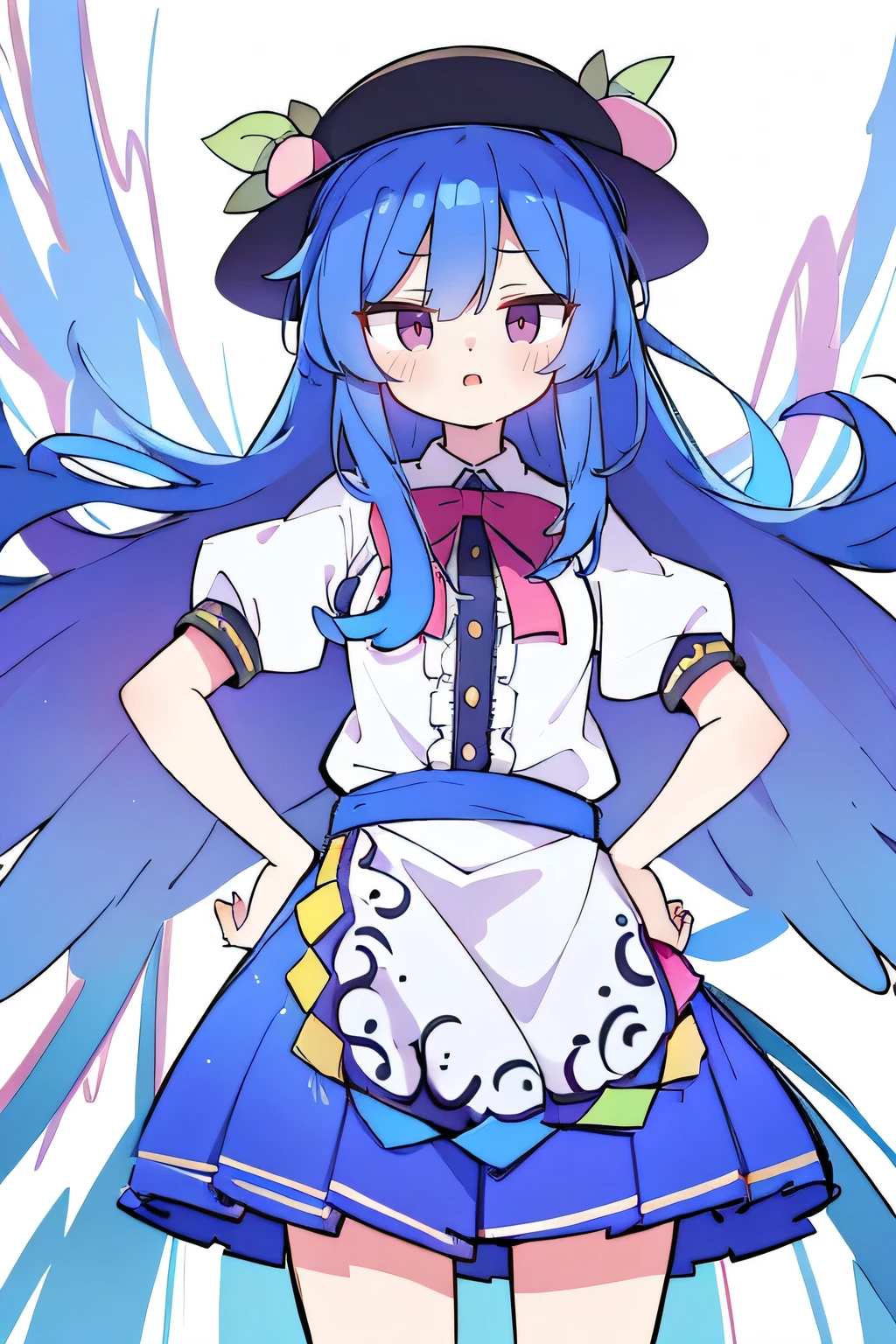 (masterpiece),best quality, expressive eyes, perfect face, 1girl,
 hands on waist,beautiful, gorgeous,anime,girl,lora,hinanawi tenshi, blue hair, blue haired, floating clothes,waist grab, grabbing waist, mains sur les hanches , hands on hips,flat chest