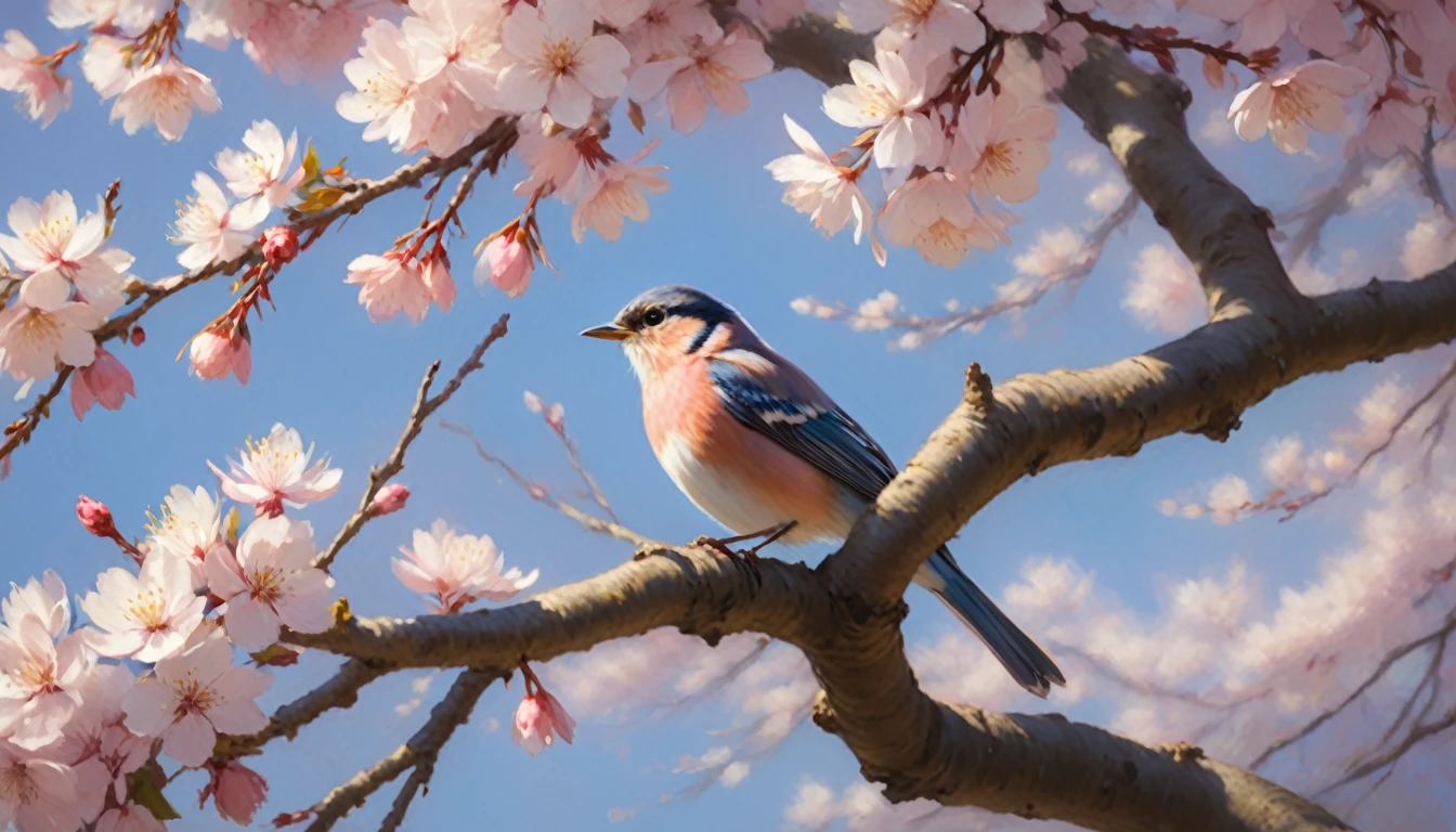 A stunning Impressionist-style painting that captures the essence of spring with vibrant colors and Monet's signature broken brushwork. The focal point is a beautiful cherry blossom tree, its delicate pink petals seemingly dancing in the air, with thick, visible strokes of rose and white bringing them to life. Amidst the blossoming branches, a small songbird trills, its vital essence captured through loose brushwork. The scene is bathed in dappled morning light, with a sense of atmosphere and sensory delight taking precedence over sharp lines and details. This modern master's interpretation of Impressionism perfectly encapsulates nature's annual reawakening into a harmonious, sublime vista.