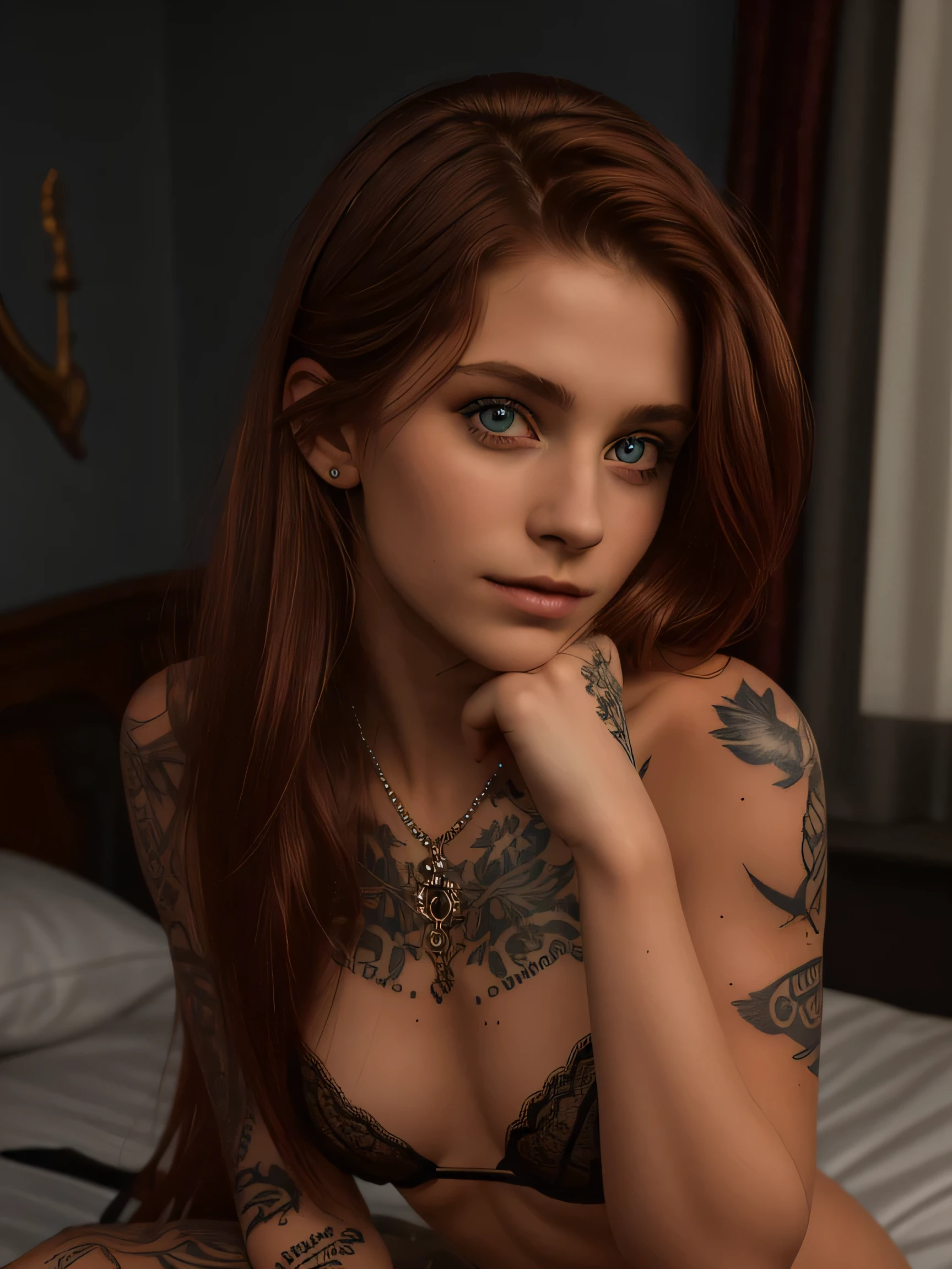 girl, Exquisite Intrigated Lingerie, hardcore, play, seb-photography, tattoo, photostudio, bedroom, -art, photgraphe bordeaux, photography, Exquisite facial features，Exquisite Hair，Elaborate Eyes，Delicate colored hair，sweet smile, Splendid light and shadow，Tyndall effect，dslm, canon eos r6, 50mm,