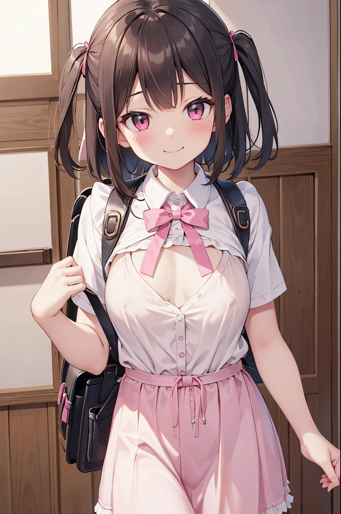 (table top), 最high quality, High resolution, very detailed, detailed background, perfect lighting, indoor, 1 girl, small, looking at the viewer, , Maid clothes, adorable smile, carrying a pink school bag backpack, (Randoseru Backpack:1.0), looking at the viewer, high quality, 8K, tits,nipple, sow off nipples under white shirt