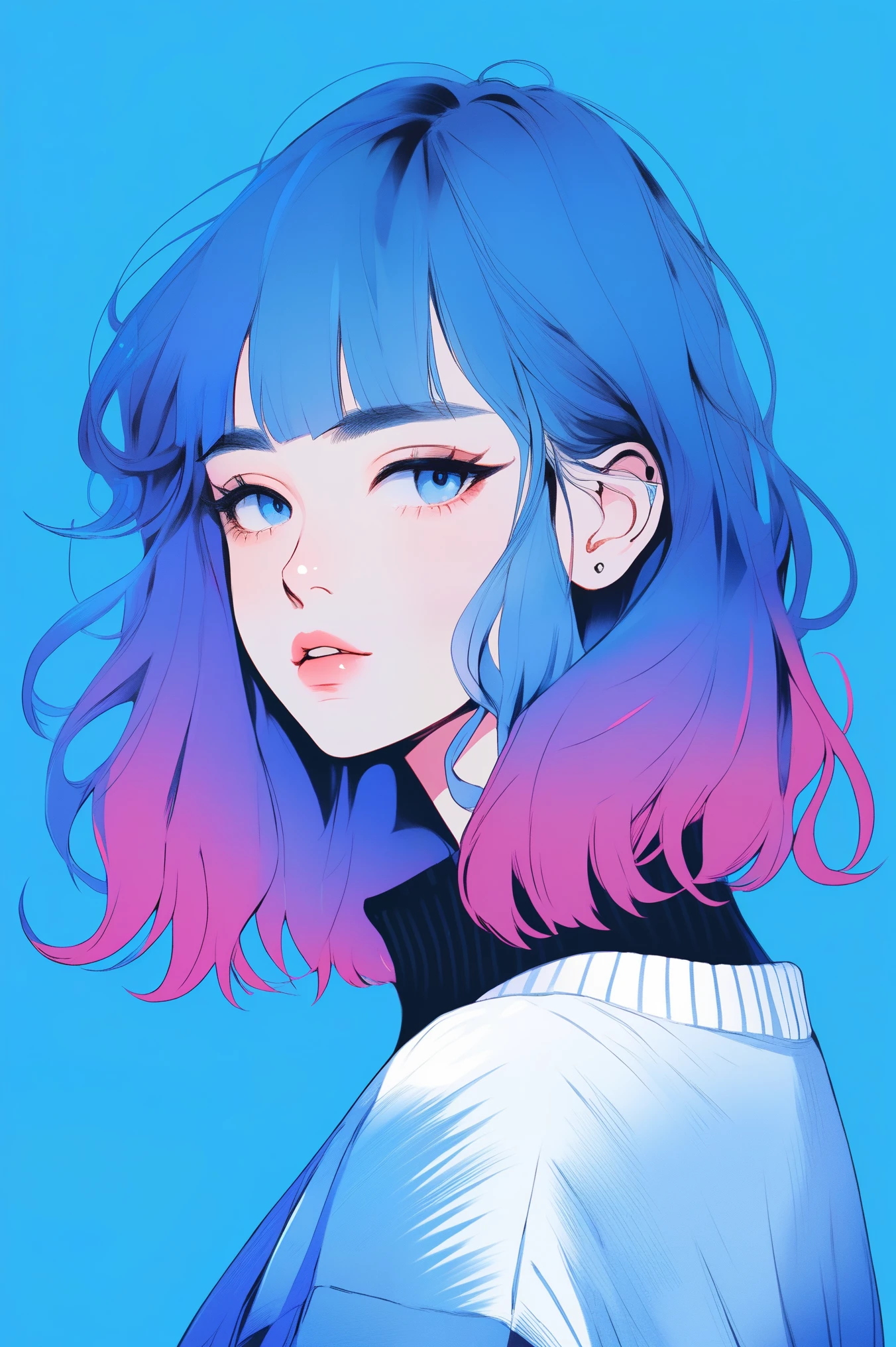 illustrator, anime , realistic ,sketch , 1 girl, ,lip, sweater,order, Blue gradient background, neon hair,Textured trim, Canadian, (masterpiece,Best quality) ganyou