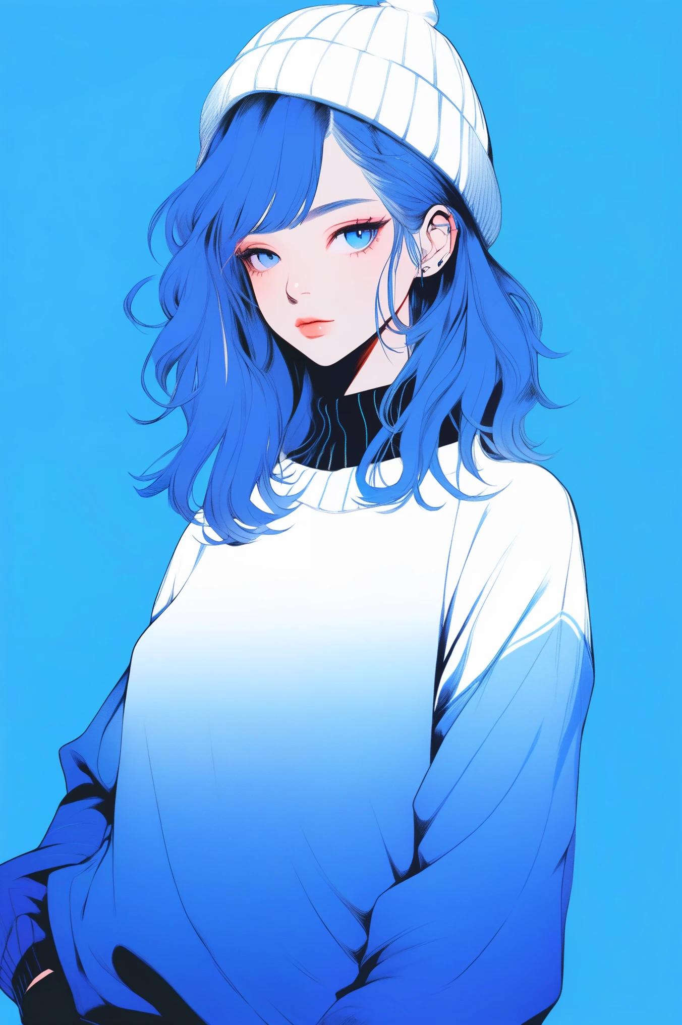 illustrator, anime , realistic ,sketch , 1 girl, ,lip, sweater,order, Blue gradient background, neon hair,Textured trim, Canadian, (masterpiece,Best quality) ganyou