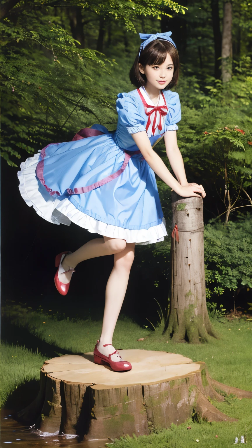 (alice in wonderland), 1-9-1, (He wears a large triangular ribbon on his head..), short hair, young woman, gentle smile, colorful clothes, in the deep forest, There is a large stump