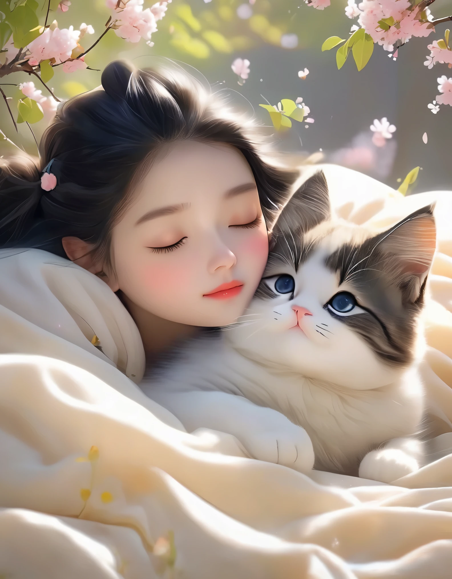 (Best Quality,4K,8K,HD,Masterpiece:1.2),Super Detailed,Realistic:1.37,Illustration,Studio Ghibli Inspired,Bed Scene,(Girl,Black Hair,Lazily Nuzzling Cat Sleeping in the Morning),Laziness,Cute,Detailed Eyes,(Highlighting the expression of fleshy and detailed little lips),Reluctant,Wants to Sleep,Two Lazy Cats,The Essence of Spring,Spring Flowering Tree,Spring Flowers Cherry blossoms,Bright colors,Warm sunlight,Soft light,Comfortable atmosphere,Energetic,Youthful.