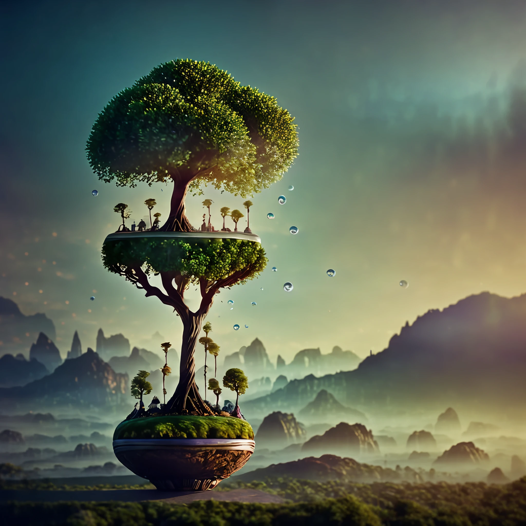 bubblerealm [abstract colors, texture, film grain, (skin pores:0.2), (tilt shift photography:1.2), intricate dramatic portrait of a beautiful (windblown:1.2) scifi steampunk (medieval fantasy magical bonsai tree:1.2) on top of a rocky mountain overlooking a futuristic (solarpunk:1.2) city, foggy morning, cinematic movie still frame, blade runner 2049, punk hair style, altered carbon, (analog style:1.3), (film grain:1.3)]