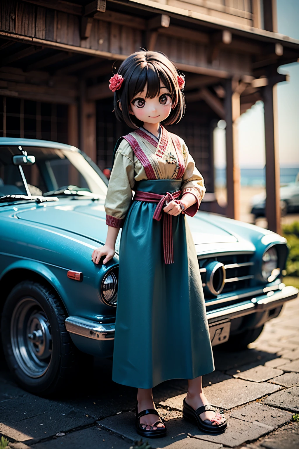 Octane Render、(Hyper-detailing: 1.15)、(Soft light、sharp: 1.2)、morning、 posing in front of colorful EV in parking lot near beach, Traditional costumes、Distinctive ethnic hair ornaments、Characteristic ethnic shoes、 Fuji Film, F/4.0, masutepiece, Anatomically correct、A smile, radiant light