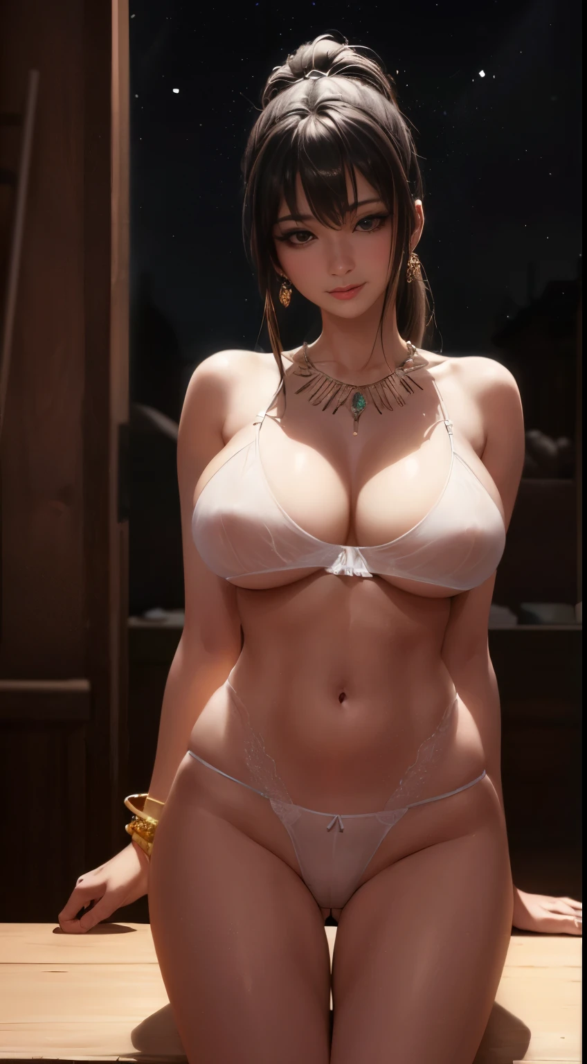 8K, table top, Raw photo, highest quality, realistic, Highly detailed CG Unity 8K wallpaper, written boundary depth, cinematic light, Lens flare, ray tracing, (very beautiful face, beautiful lips, beautiful eyes), face with intricate details, ((super dense skin)) 1 girl, (mature woman:1.4), in the dark, deep shadow, big , pretty girl, (narrow waist), ((looking at the viewer)),(enchanting smile), (blurred background), midnight, cute korean girl, earrings, bracelet, necklace, clear eyes, Bedroom , front shot, (white skin), Too exposed, (Big eyes), ((beautiful design underwear:1.3)), (camel toe, shape), (model makeup), (ponytail), (big boobs:1.5), ((camel toe)), See through,