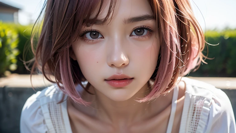 (bob cut hair, pink hair:1.2),(wearing a blouse:1.2),1 girl,Japanese,21 years old,(small breasts:1.3),(highest quality,masterpiece:1.3,超A high resolution,),(Super detailed,caustics),(Photoreal:1.4,RAW shooting,)ultra-realistic capture,very detailed,High resolution 16K human skin close-up。 natural skin texture、,The pores are、、、、Must be detailed enough to be easily identified。 Skin should look even-toned and healthy。 Use natural light and color, sad expression, look at the camera, perfect dynamic composition, outdoor