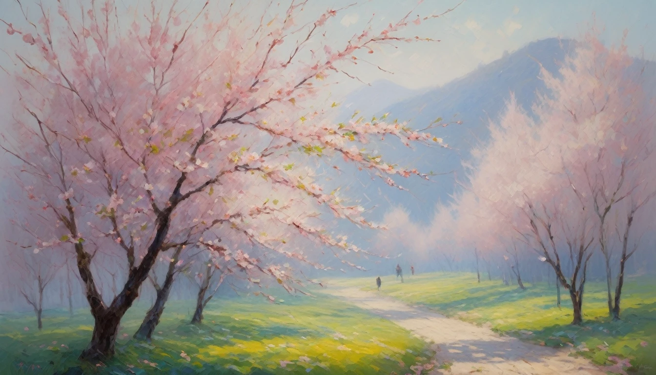 A stunning Impressionist-style painting that captures the essence of spring with vibrant colors and Monet's signature broken brushwork. The focal point is a beautiful cherry blossom tree, its delicate pink petals seemingly dancing in the air, with thick, visible strokes of rose and white bringing them to life. Amidst the blossoming branches, a small songbird trills, its vital essence captured through loose brushwork. The scene is bathed in dappled morning light, with a sense of atmosphere and sensory delight taking precedence over sharp lines and details. This modern master's interpretation of Impressionism perfectly encapsulates nature's annual reawakening into a harmonious, sublime vista.