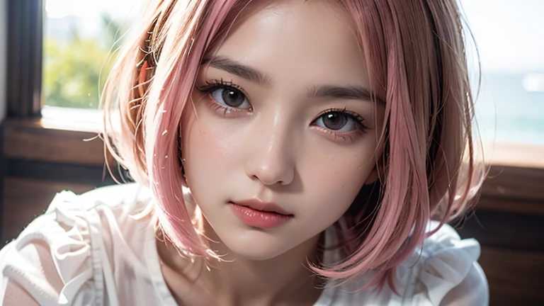 (bob cut hair, pink hair:1.2),(wearing a blouse:1.2),1 girl,Japanese,21 years old,(small breasts:1.3),(highest quality,masterpiece:1.3,超A high resolution,),(Super detailed,caustics),(Photoreal:1.4,RAW shooting,)ultra-realistic capture,very detailed,High resolution 16K human skin close-up。 natural skin texture、,The pores are、、、、Must be detailed enough to be easily identified。 Skin should look even-toned and healthy。 Use natural light and color, sad expression, look at the camera, perfect dynamic composition, my room