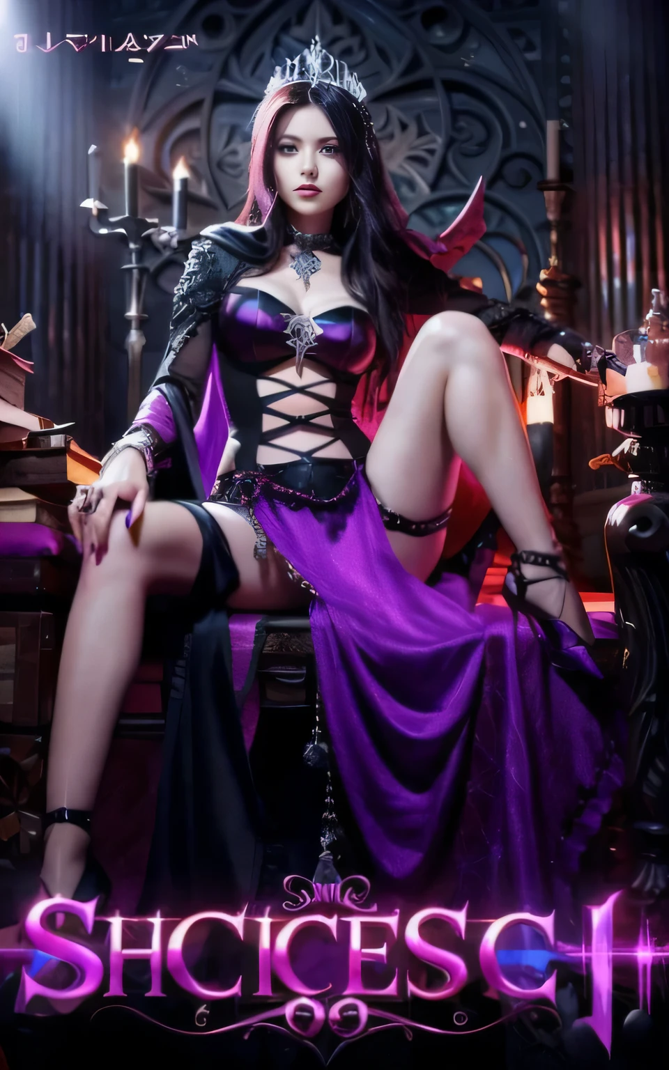 a woman in a purple dress sitting on a chair with a sword, gothic fantasy art, beautiful sorceress, dark fantasy female magician, a beautiful sorceress, seductive cyberpunk dark fantasy, gothic fantasy, fantasy dark art, dark fantasy art, dark sorceress, fashionable dark witch, sorceress, gothic maiden of the dark, sorceress woman