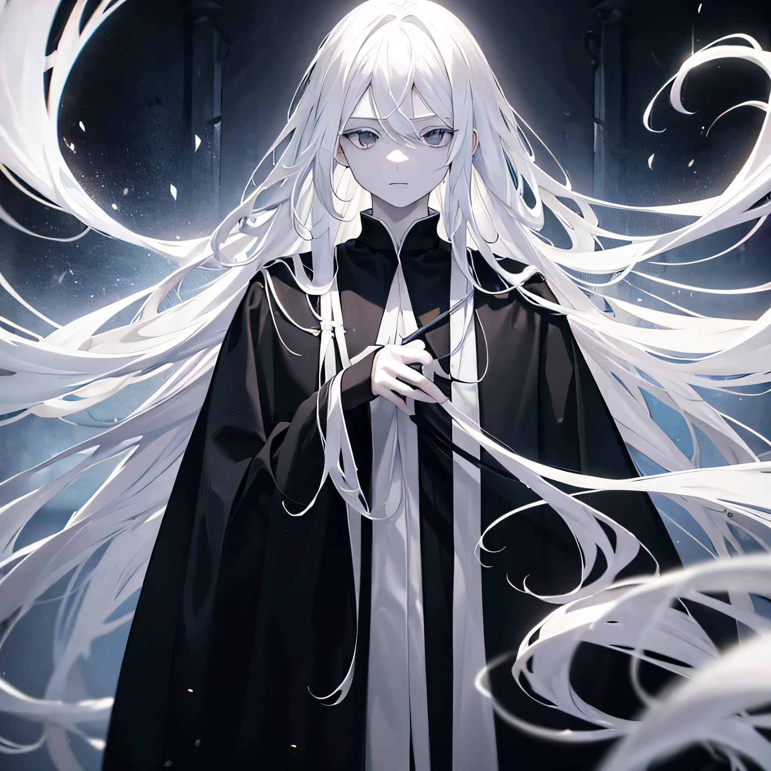 Teenager male , pale skin , long white hair , wearing black robes ,  black eyes , tall stature