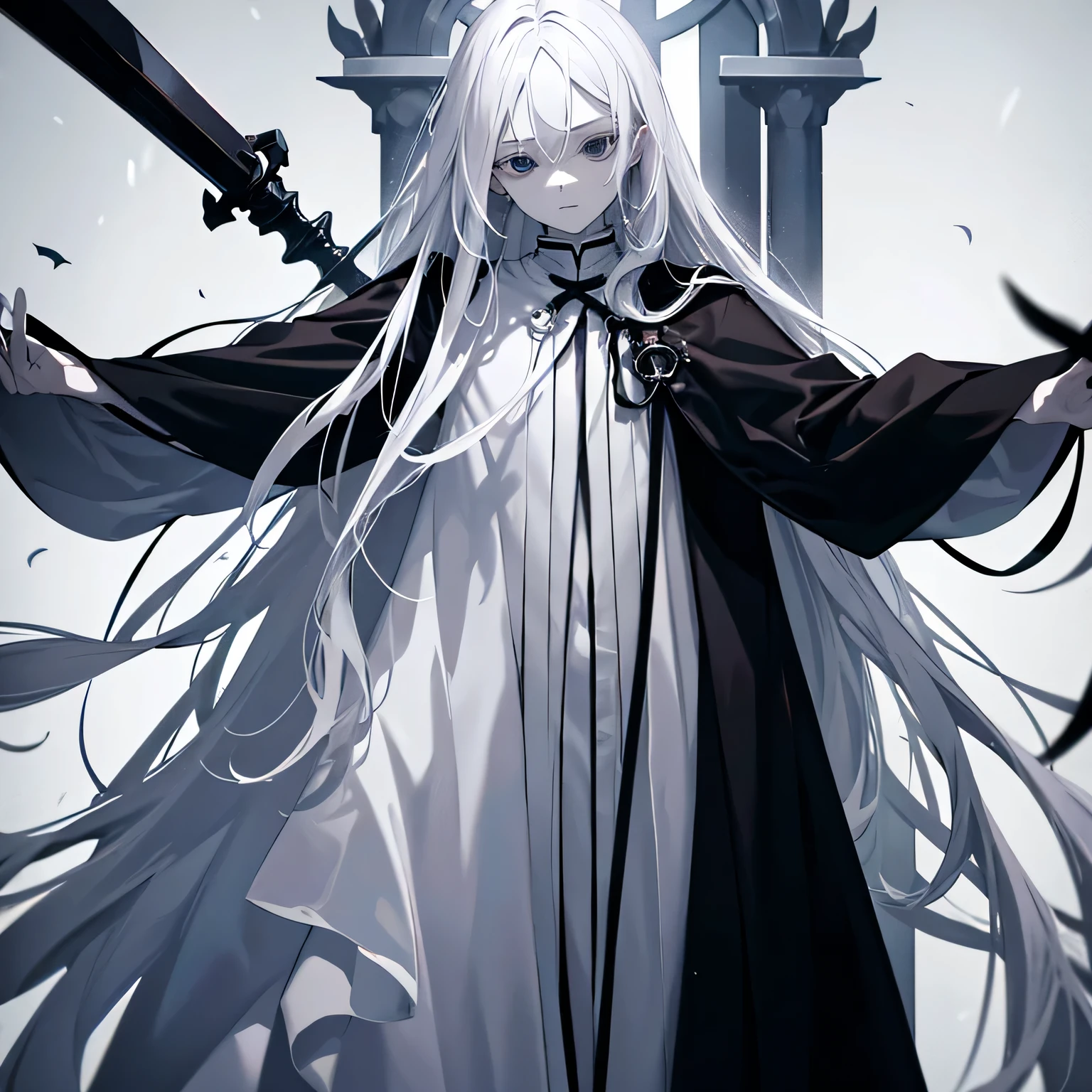 Teenager male , pale skin , long white hair , wearing black robes ,  black eyes , tall stature