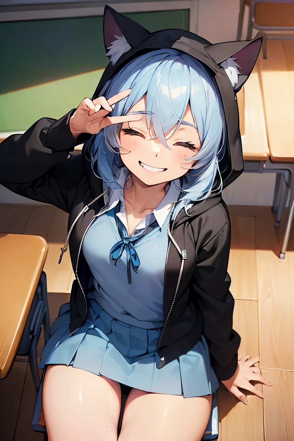 Anime girl with blue hair and black cat ears sitting on a chair - SeaArt AI