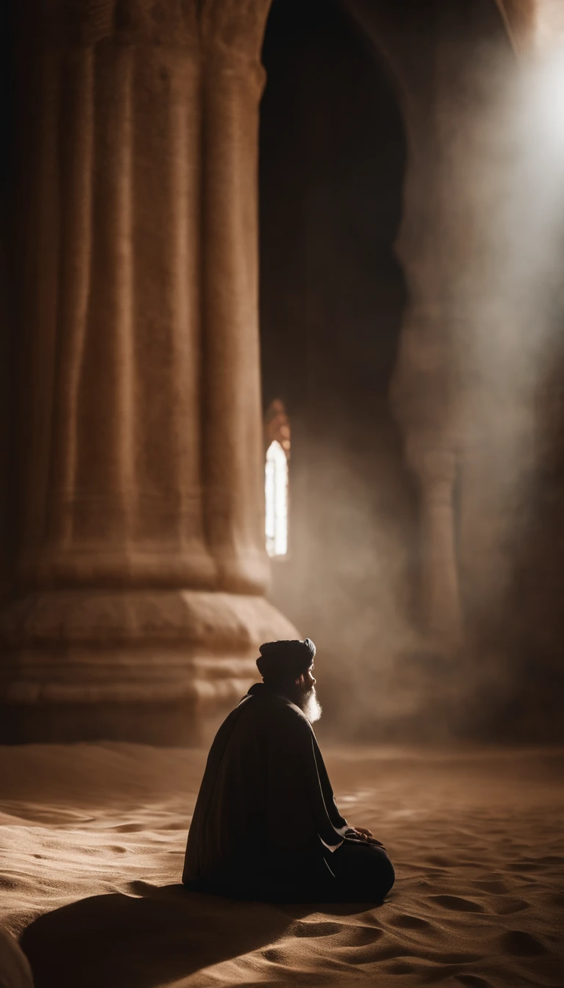 Looking at Imam Ali's back of the head just as if we are the person sitting behind him while he is praying and it is the one in which he is murdered the atmosphere around is cinematic dramatic sand and very touching it's like the whole universe has stopped to watch this moment it happened 1,000 years ago so keep it authentic and he was a holy man