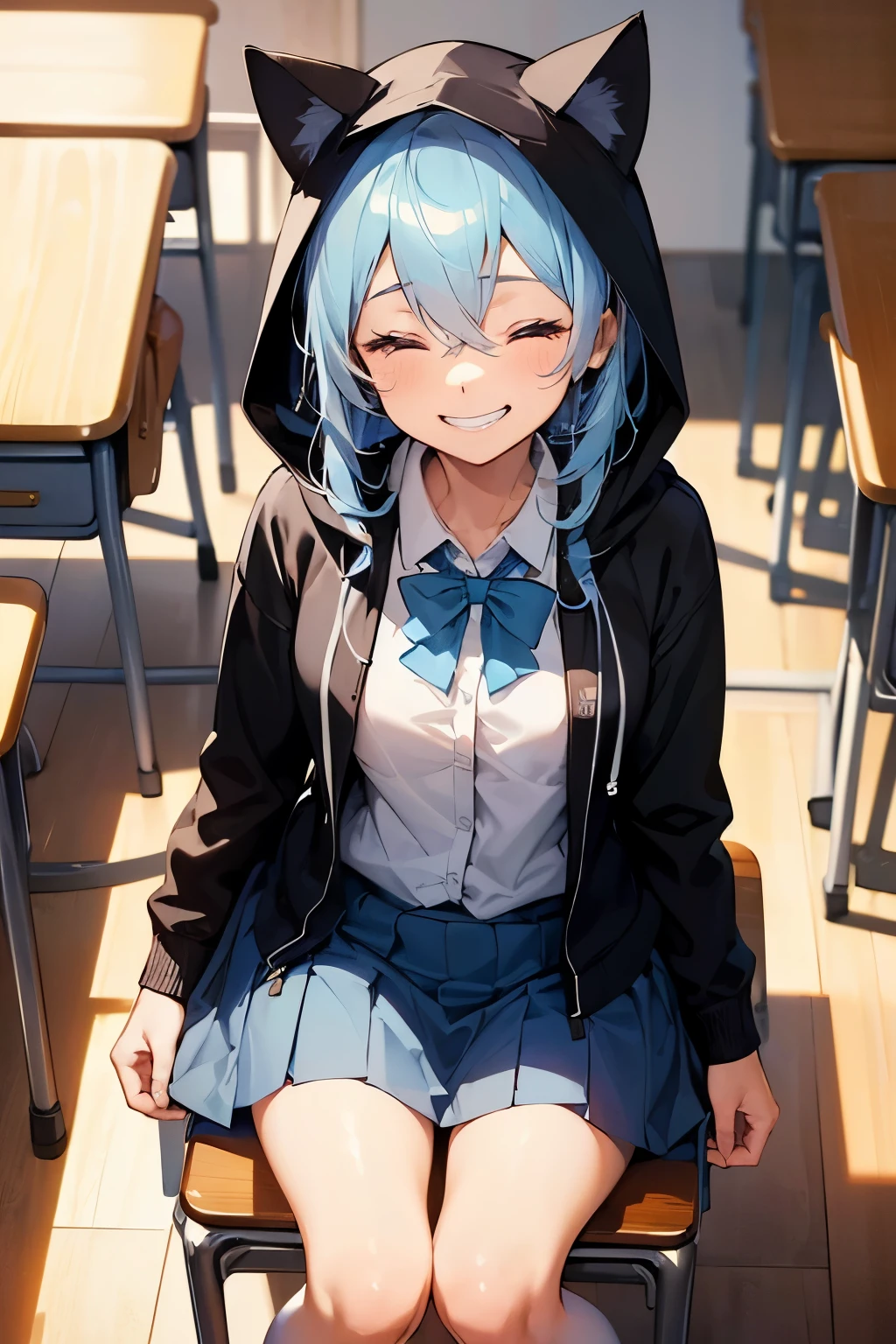 1 girl, , UHD, retina, masterpiece, Accurate, anatomically correct, rough skin, Super detailed, advanced details, high quality, Award history, 最high quality, High resolution, hd, 4k,(anime,8K,masterpiece, 最high quality, 最high quality,beautiful and aesthetic:1.2,professional illustration:1.1,Super detailed:1.3,perfect lighting),very detailed,most detailed,High resolution,cute pose，embarrassing，light blue hair，classroom，(wear uniform inside:1.9)，(school uniform:1.9)，(black hoodie:1.5)，(Hoodie with cat ear hood:1.5)，(open clothes:1.9)，(incoming kiss:1.5)，(face on focus:1.5)，(cowboy shot:1.5)，(from above:1.5)，(close your eyes:1.9)，(sit on a chair:1.5)，(shy smile:1.9)