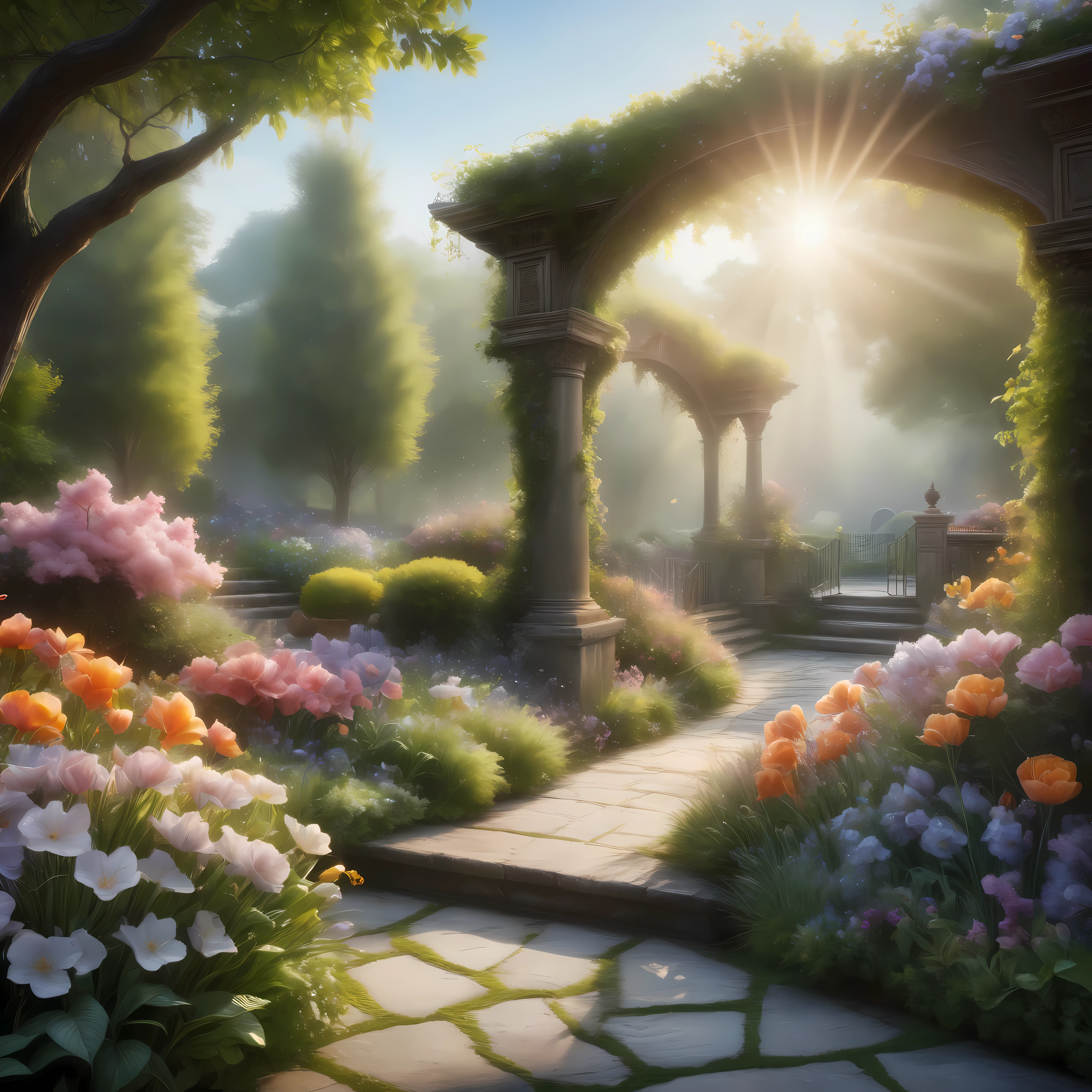 ((Masterpiece in maximum 16K resolution):1.6),((soft_color_painting:)1.5), ((Ultra-Detailed):1.4),((Hyper real painting and dynamic angles):1.3), ((Outline with black ink, smooth lines):1.1), ((Emphasize light, shadow and space):1.2),((Express expressions and postures through ink contrast):1.3). | (Drawing of a beautiful secret garden surround by morning mist), ((spring morning):1.3), award winning masterpiece with incredible details, epic stunning, ((secret garden):1.2), ((morning mist):1.1), ((tyndall effect):1.2), ((cold sunrise):1.2), ((spring flowers):1.2), ((fresh atmosphere):1.1), (shimmer), (visual experience), (Realism), (Realistic), award-winning graphics, dark shot, film grain, extremely detailed, Digital Art, rtx, Unreal Engine, scene concept anti glare effect, All captured with sharp focus. Rendered in ultra-high definition with UHD and retina quality, this masterpiece ensures anatomical correctness and textured skin with super detail. With a focus on high quality and accuracy, this award-winning portrayal captures every nuance in stunning 16k resolution, immersing viewers in its lifelike depiction. Avoid extreme angles or exaggerated expressions to maintain realism. ((perfect_composition, perfect_design, perfect_layout, perfect_detail, ultra_detailed)), ((enhance_all, fix_everything)),