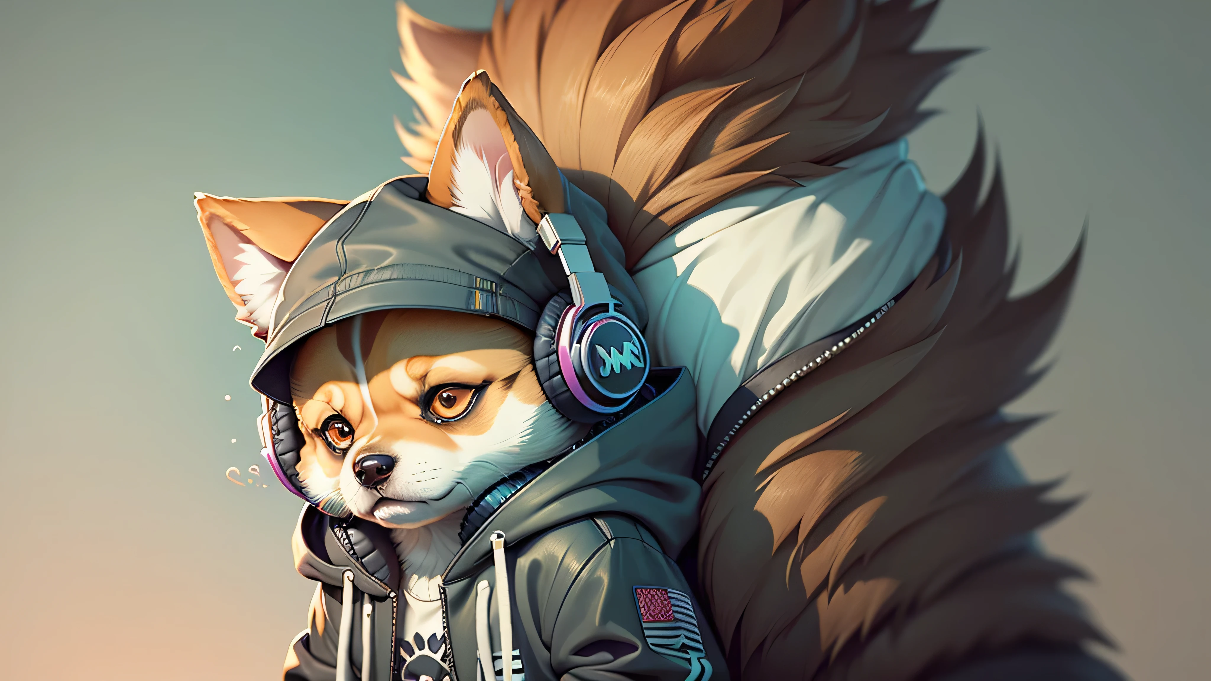 c4tt4stic, Cartoon dog breed Shiba Inu in jacket and headphones