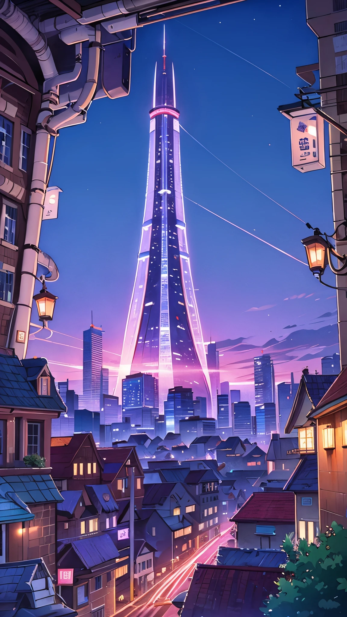 city scape, futuristic, midnight purple, beautiful sky