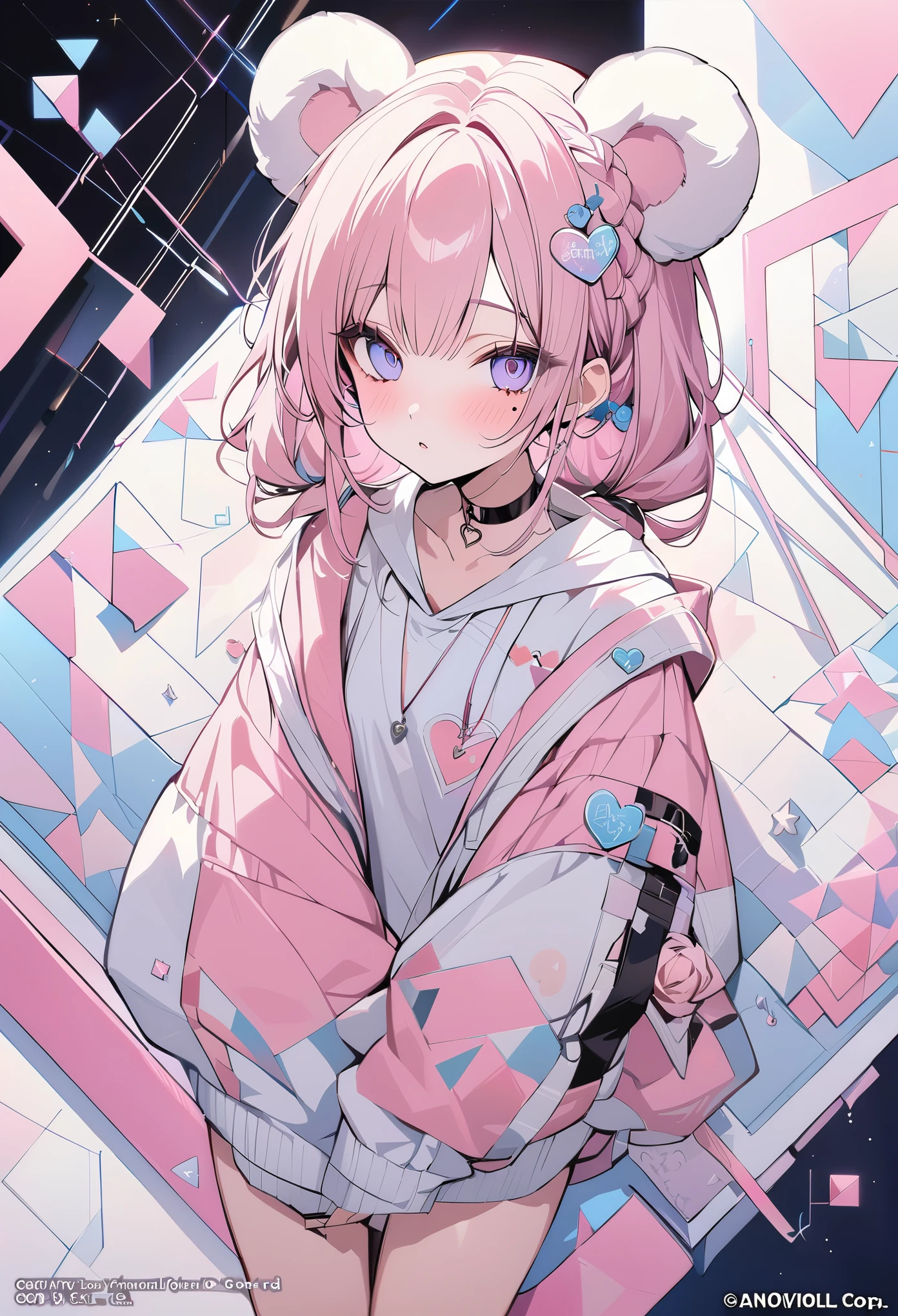 ,beautiful flower々),mole under eye, heart shaped choker, (masterpiece, highest quality), official art, beautiful and aesthetic: 1.2), (1 girl), very detailed, (geometry art: 1.3), colorful、pink bob hair、bear ears、 whole body