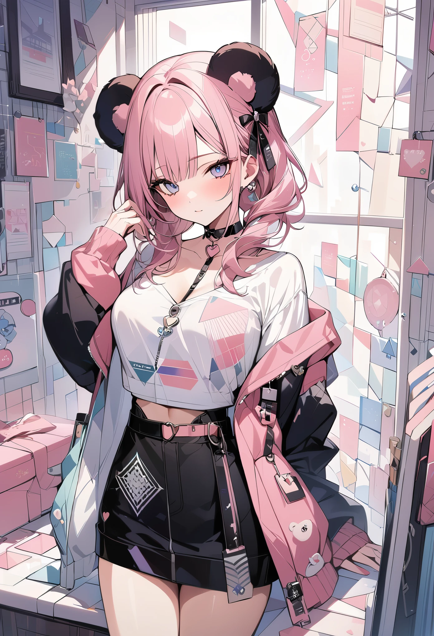 ,beautiful flower々),mole under eye, heart shaped choker, (masterpiece, highest quality), official art, beautiful and aesthetic: 1.2), (1 girl), very detailed, (geometry art: 1.3), colorful、pink bob hair、bear ears、 whole body