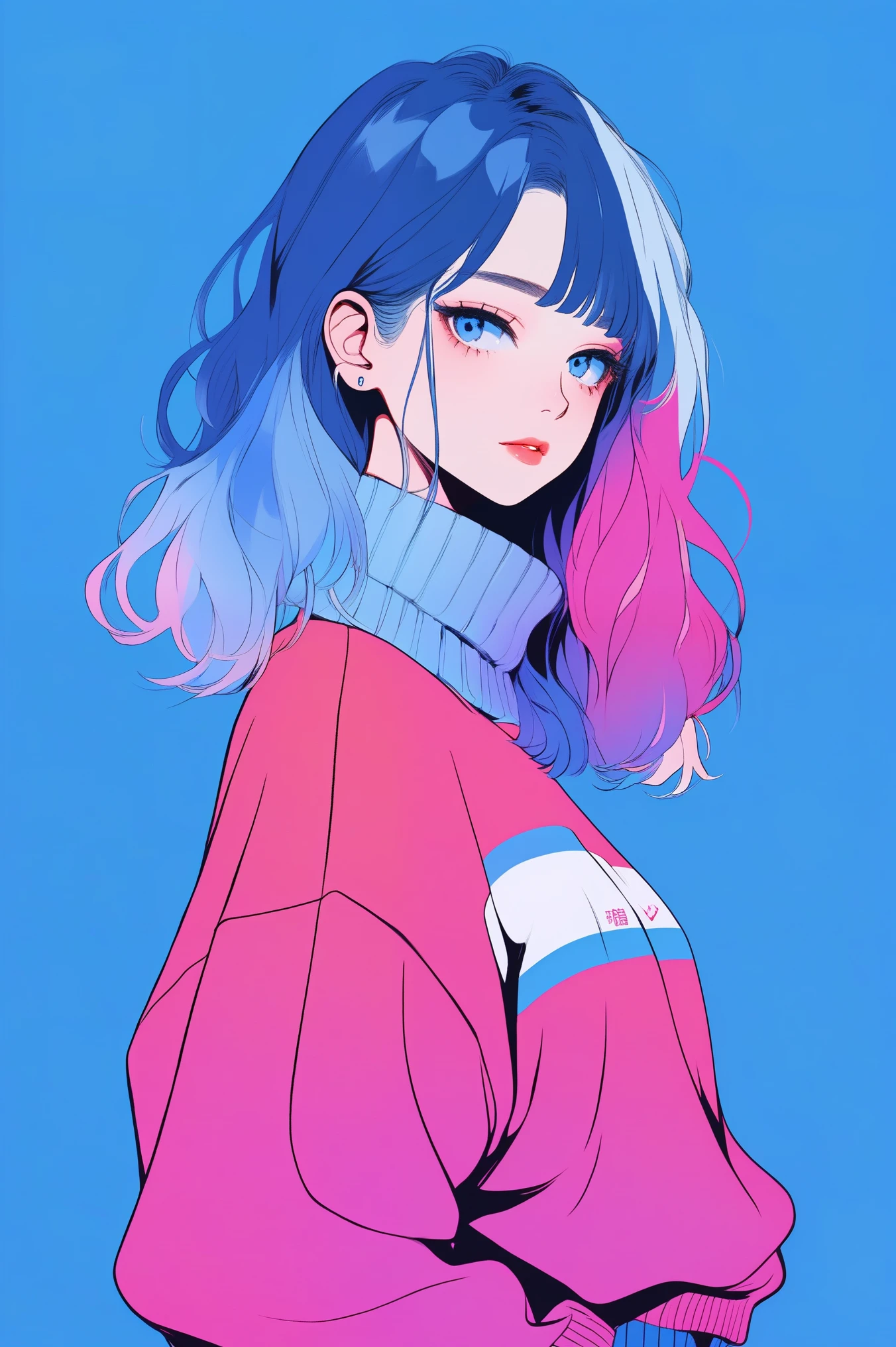 illustrator, anime , realistic ,sketch , 1 girl, ,lip, sweater,order, Blue gradient background, neon hair,Textured trim, Canadian, (masterpiece,Best quality) ganyou