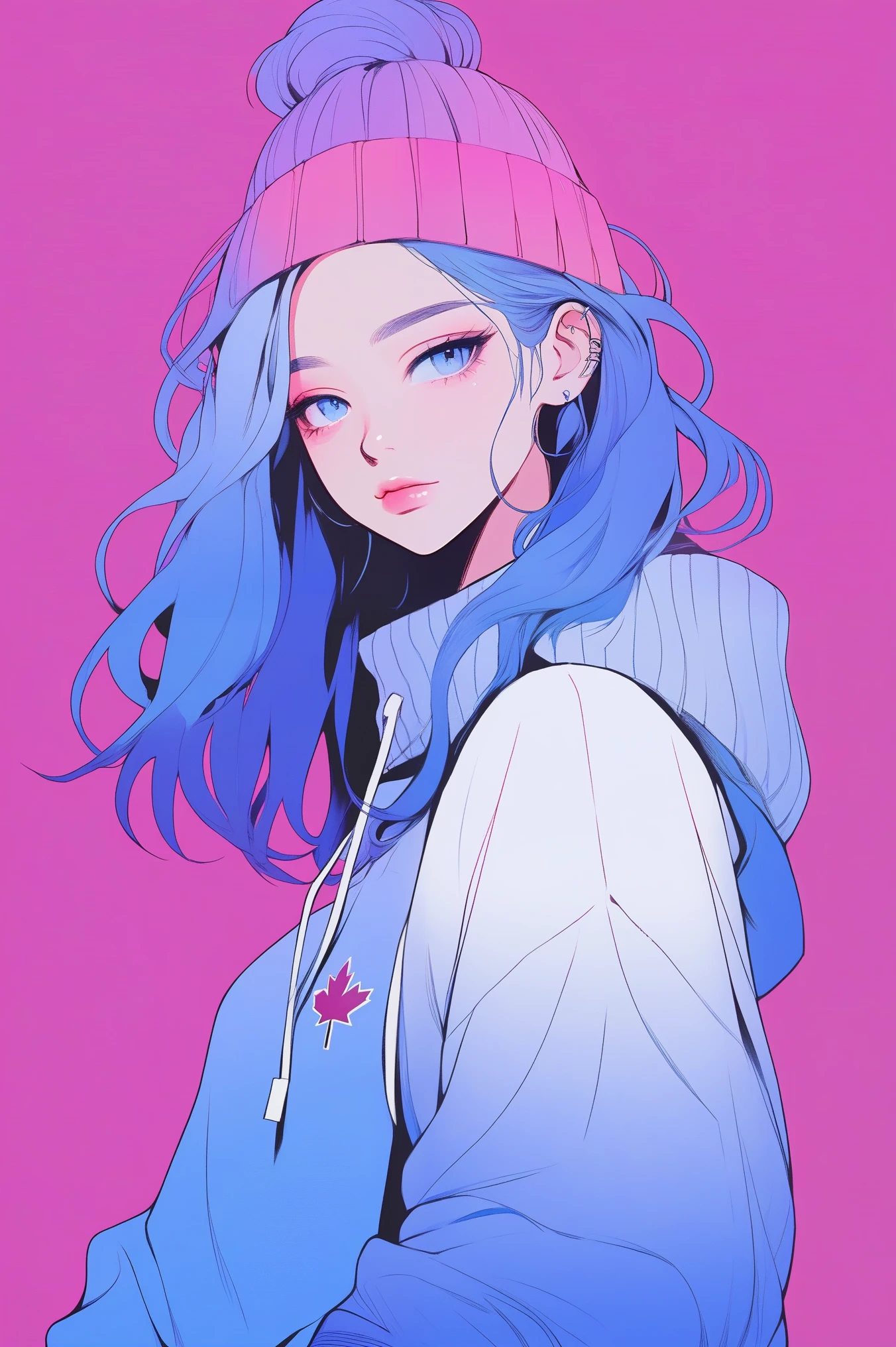 illustrator, anime , realistic ,sketch , 1 girl, ,lip, sweater,order, Blue gradient background, neon hair,Textured trim, Canadian, (masterpiece,Best quality) ganyou