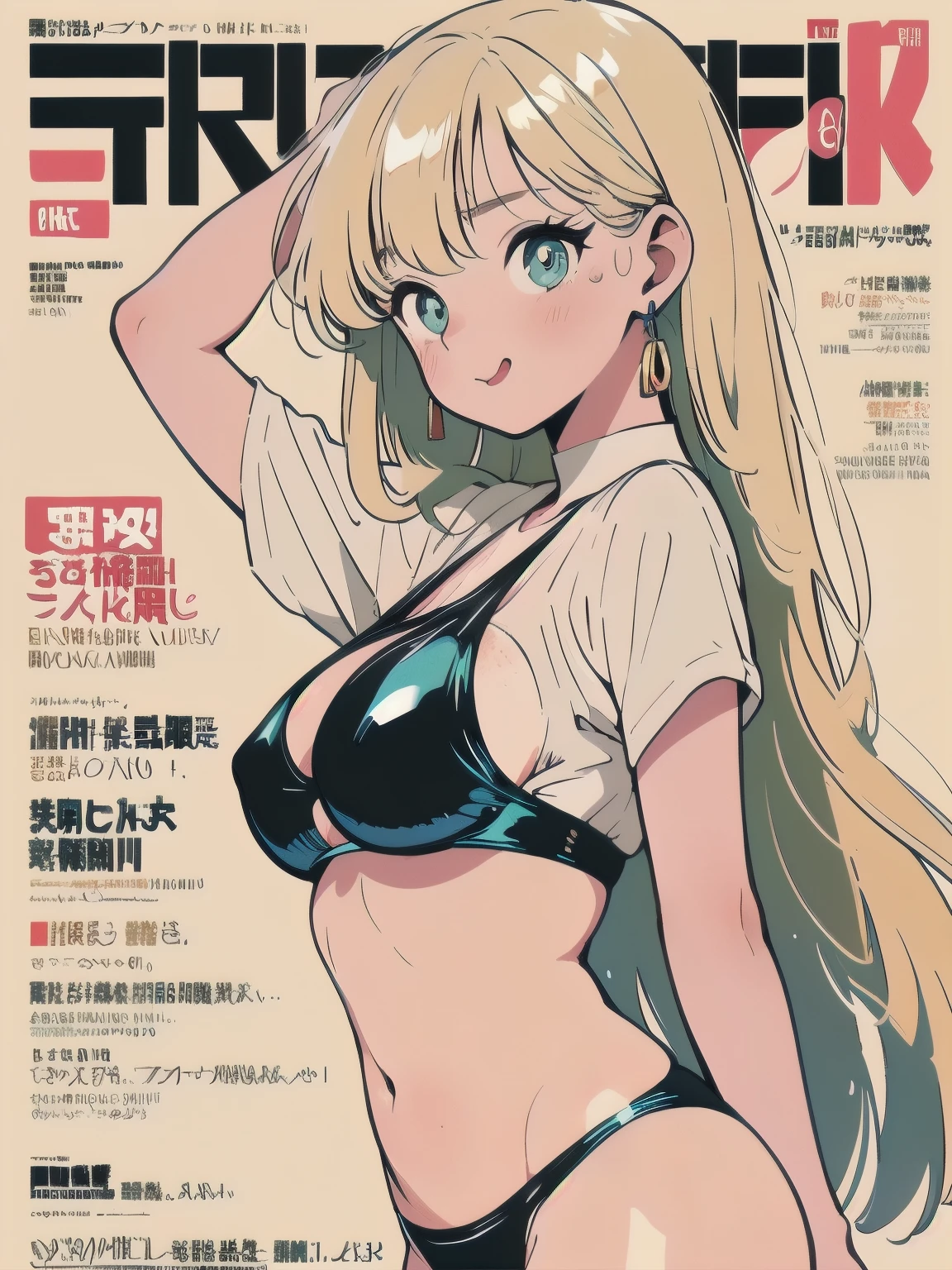 big eyes, Vector illustration,beautiful anime-style girl, clean small surfaces, Lofiato, Cute 1 girl, highest quality、ウルトラ - High resolution、High resolution、Highly detailed CG、8k unit wallpaper、、detailed and beautiful eyes, long hair、pigtails、(((Different types of super shiny latex bikinis)))、(tan skin:1.8), (tanlines:1.3)、vtuber full body model、(shiny body,:1.5)、various street fashion、oversized clothes、((From the side:2 , stretch your back))、(dynamic pose:1.1)、(magazine cover:1.4),blush, Sweat, please be shy、(Ahegao:1.5), stick out your tongue a little