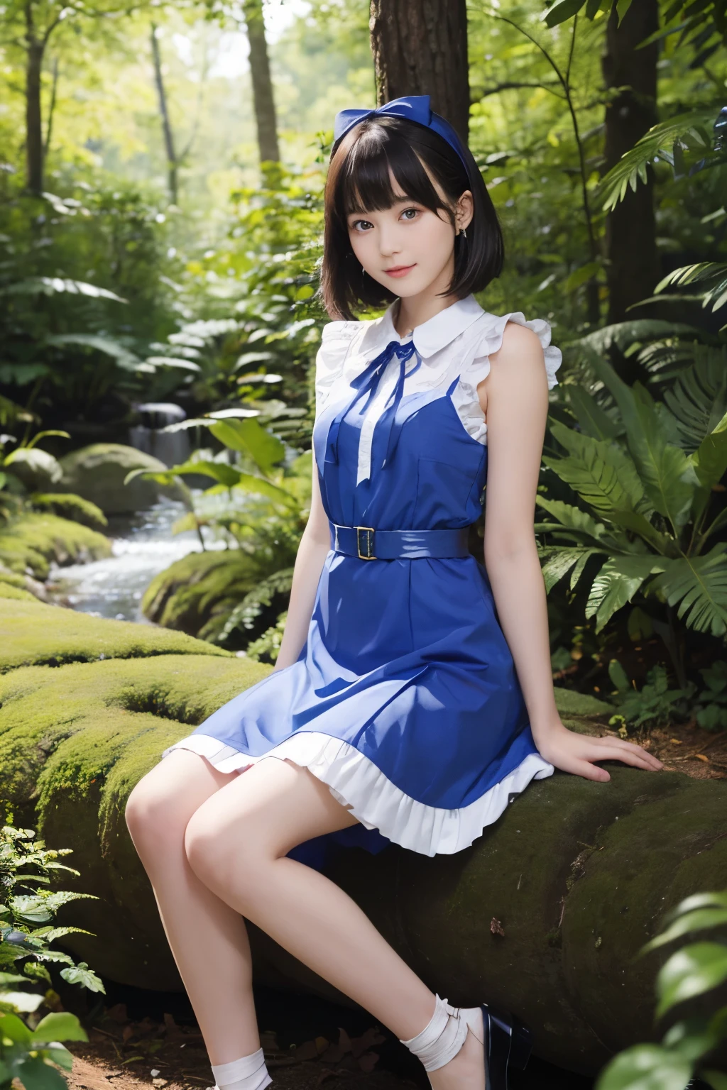 (alice in wonderland), 1-9-1, (He wears a large triangular ribbon on his head...), short hair, young woman, gentle smile, colorful clothes, in the deep forest, There is a large stump