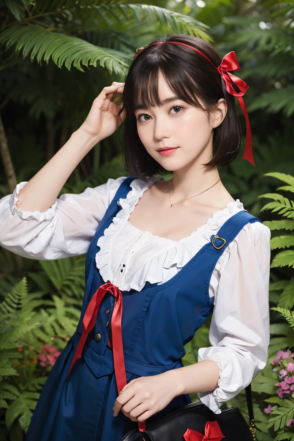 (alice in wonderland), 1-9-1, (He wears a large triangular ribbon on his head...), short hair, young woman, gentle smile, colorful clothes, in the deep forest, There is a large stump