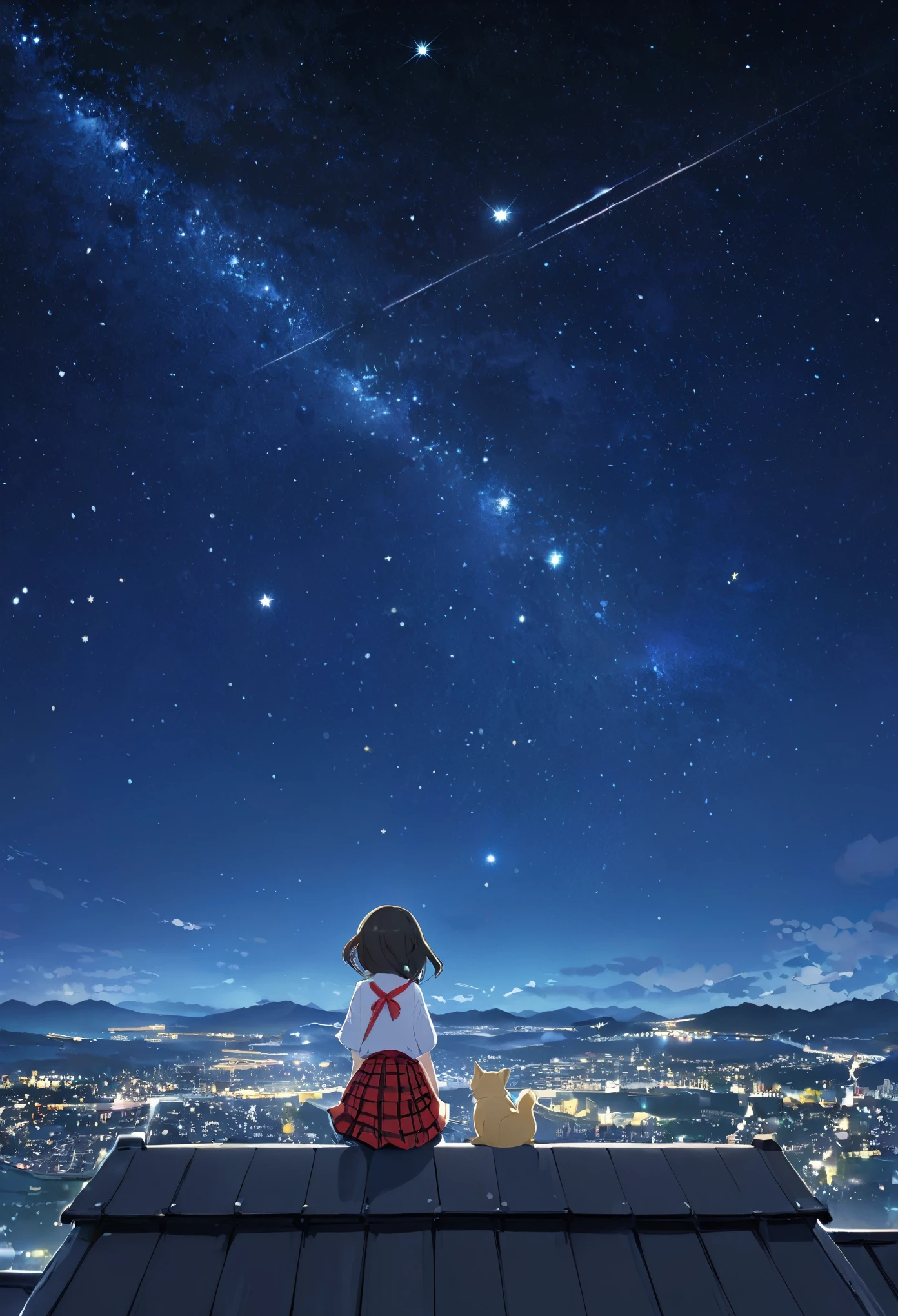 (8K、Raw photo、highest quality、look up:1.2、masterpiece:1.2、genuineistic、ultra high resolution、high contrast、photon mapping、genuine、Super detailed、official art, Raw photo、professional lighting、 light、Vivid atmosphere、twicelight) title: 「The sound of a starry night」 explanation: この8KのRaw photoは、highest qualityで非常に詳細な背景に、It depicts a girl looking up at the night sky.。she is 、Height: 150cm、色白の肌にlightブラウンのポニーテールをした日本の制服を着用しています。her expression is young々It's so moisturized、She has a beautiful face and perfect proportions.、Thin legs grow long。She wears a red bow tie and a stylish white lace patterned blouse、plaid skirt、I'm wearing black loafers。 A landscape spreads out in the background、beautiful stars in the night sky々and nebulae are shining。the sun goes down、The sea spreads out at the foot of the mountain range、The city of a local city without high-rise buildings is expanding.。she is sitting on the roof of the building、It depicts a girl lost in thought while looking at the stars.。The city you can see from where you sit、The lights of each house shine beautifully、The light on the ground and the glow of the night sky create a beautiful contrast.。 This anime scene、Beautifully depicts the lonely night scene of a girl.、It expresses the moment when she finds the star of hope while looking at the stars.。