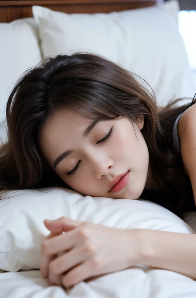 1girl, beautiful, wavy hair, almond eyes, no make up, lying on bed,eyes closed,sleeping, (photorealistic:1.2), (ultra realistic:1.3), (very detailed:1.1), ((masterpiece)),detailed
