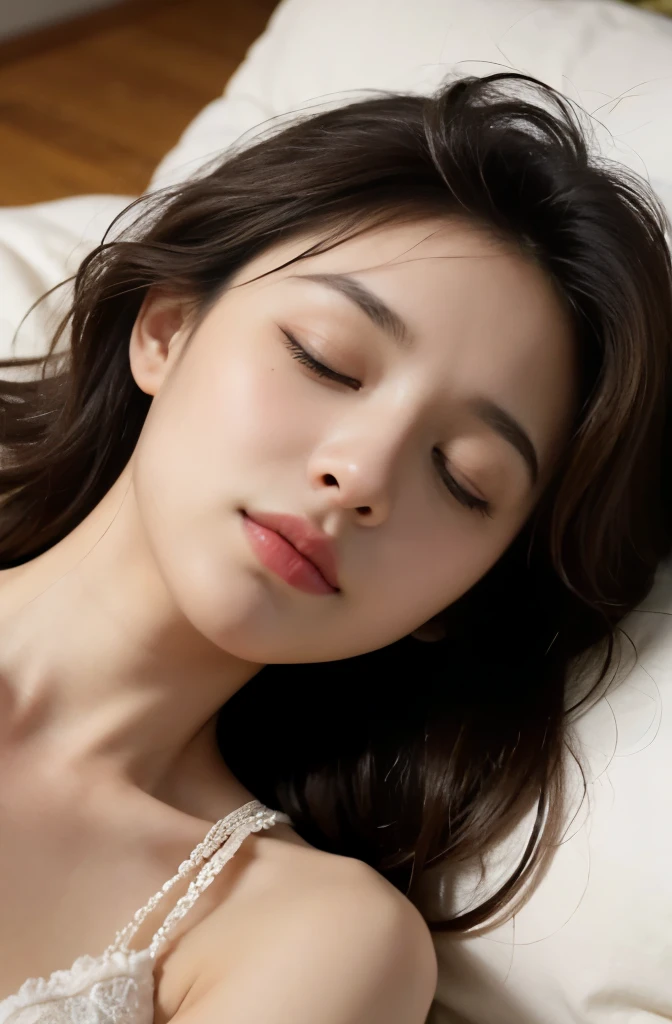 1girl, beautiful, wavy hair, almond eyes, no make up, lying on bed,eyes closed,sleeping, (photorealistic:1.2), (ultra realistic:1.3), (very detailed:1.1), ((masterpiece)),detailed