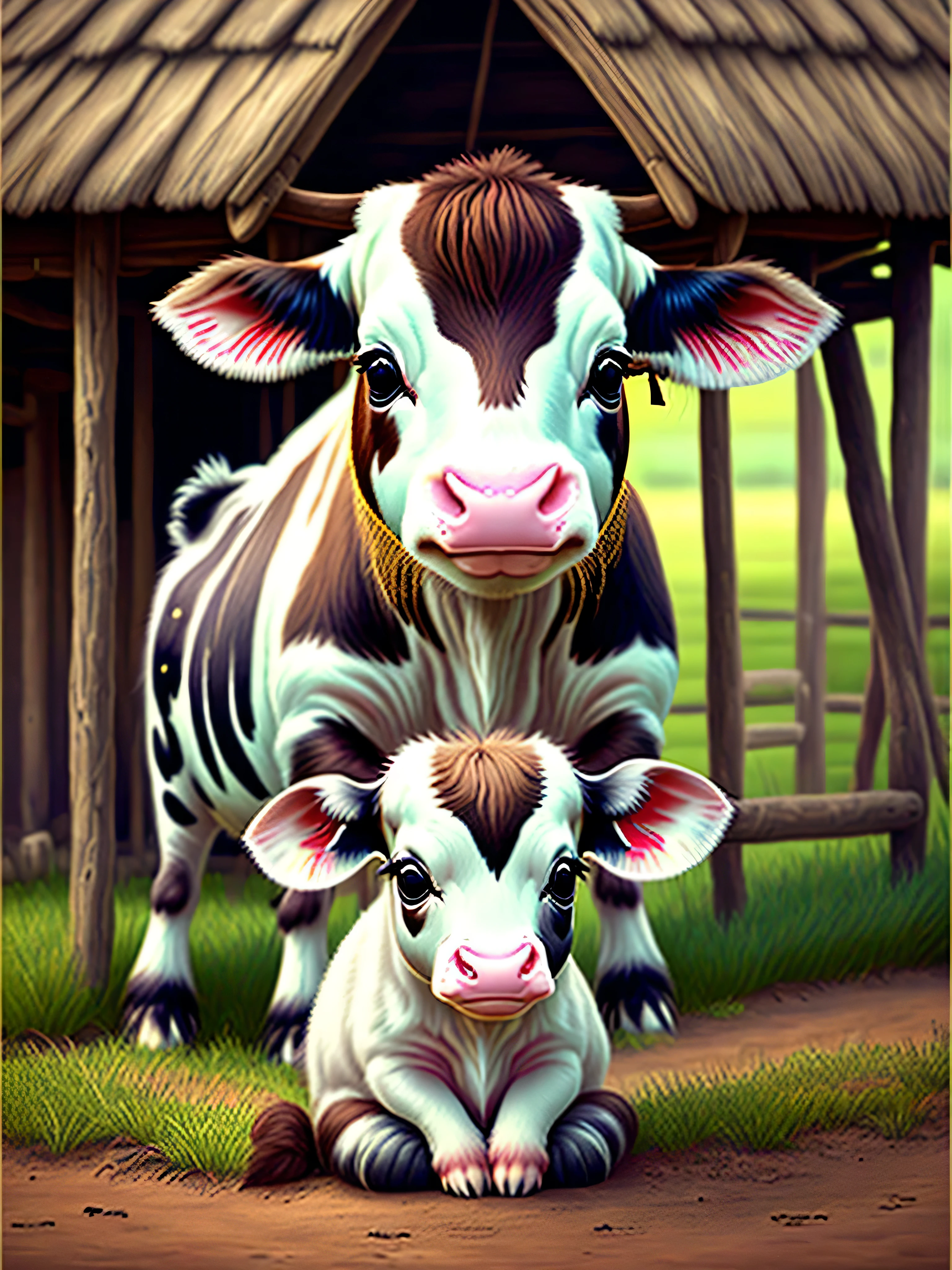 picture of  Calf , art station trend, rural area , hyper realistic detailed rendering, cute baby , rural style, sitting pose, Village of calf , plain hair, rural animals , calf , cow's calf slavic traits, 8 1 5