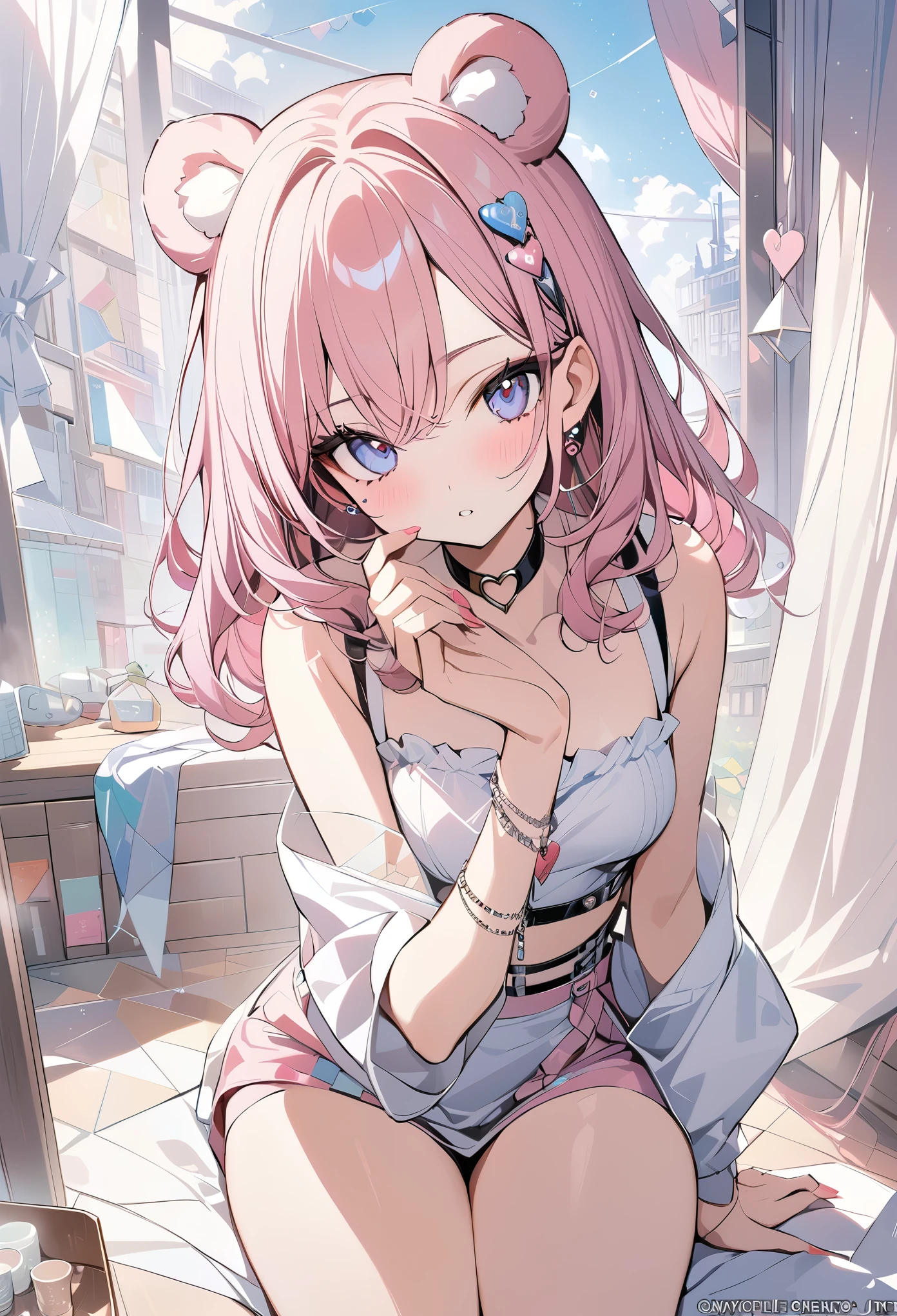 ,beautiful flower々),mole under eye, heart shaped choker, (masterpiece, highest quality), official art, beautiful and aesthetic: 1.2), (1 girl), very detailed, (geometry art: 1.3), colorful、pink bob hair、bear ears、 whole body