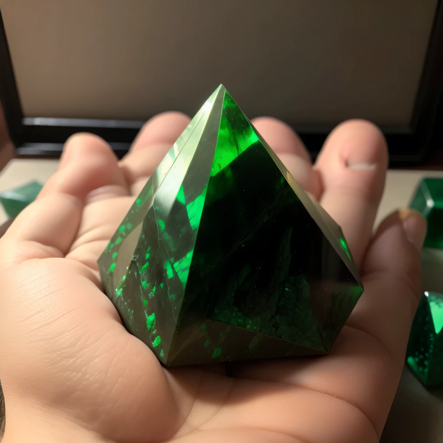 fantastic art, an emerald stone, green feldspar, pyramid verde,pinch in hand,Gemstones the size of fingers