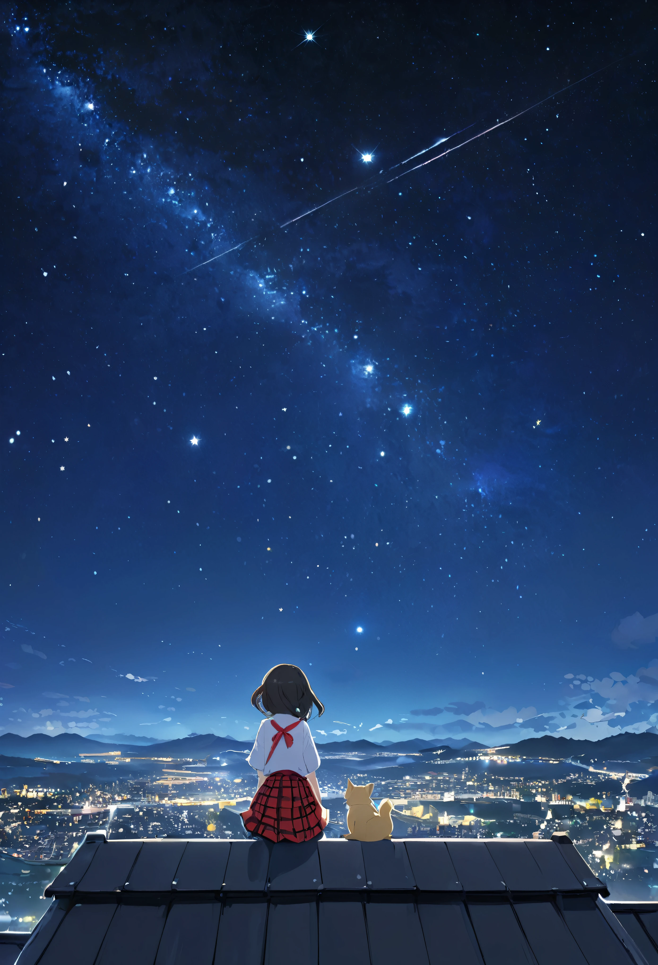 (8K、Raw photo、highest quality、look up:1.2、masterpiece:1.2、genuineistic、ultra high resolution、high contrast、photon mapping、genuine、Super detailed、official art, Raw photo、professional lighting、 light、Vivid atmosphere、twicelight) title: 「The sound of a starry night」 explanation: This 8K Raw photo is、highest qualityで非常に詳細な背景に、It depicts a girl looking up at the night sky.。she is 、Height: 150cm、She has fair skin and wears a Japanese uniform with a light brown ponytail.。her expression is young々It's so moisturized、She has a beautiful face and perfect proportions.、Thin legs grow long。She wears a red bow tie and a stylish white lace patterned blouse、plaid skirt、I'm wearing black loafers。 A landscape spreads out in the background、beautiful stars in the night sky々and nebulae are shining。the sun goes down、The sea spreads out at the foot of the mountain range、The city of a local city without high-rise buildings is expanding.。she is sitting on the roof of the building、It depicts a girl lost in thought while looking at the stars.。The city you can see from where you sit、The lights of each house shine beautifully、The light on the ground and the glow of the night sky create a beautiful contrast.。 This anime scene、Beautifully depicts the lonely night scene of a girl.、It expresses the moment when she finds the star of hope while looking at the stars.。
