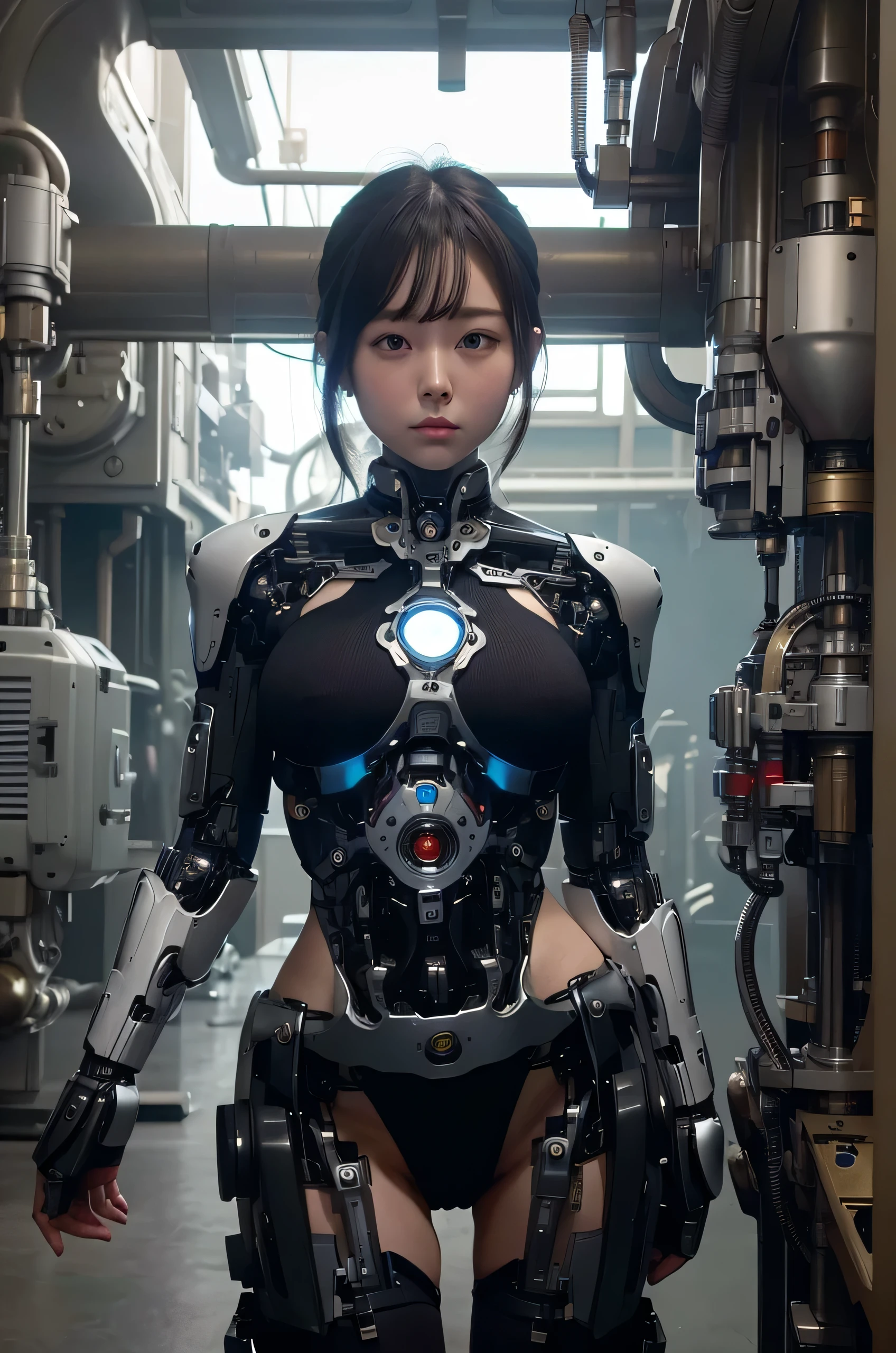 masterpiece, best quality, extremely detailed,8k portrait,Japaese android girl,Plump ,control panels,android,Droid,Mechanical Hand, Robot arms and legs,Blunt bangs,perfect robot girl,a bit chubby,long tube,thick cable connected her neck,android,robot,humanoid,cyborg,japanese cyborg girl ,robot-assembly plant,She has assembled now,assembly scene,chest monitor,darkblack knee high socks,blue eyes,