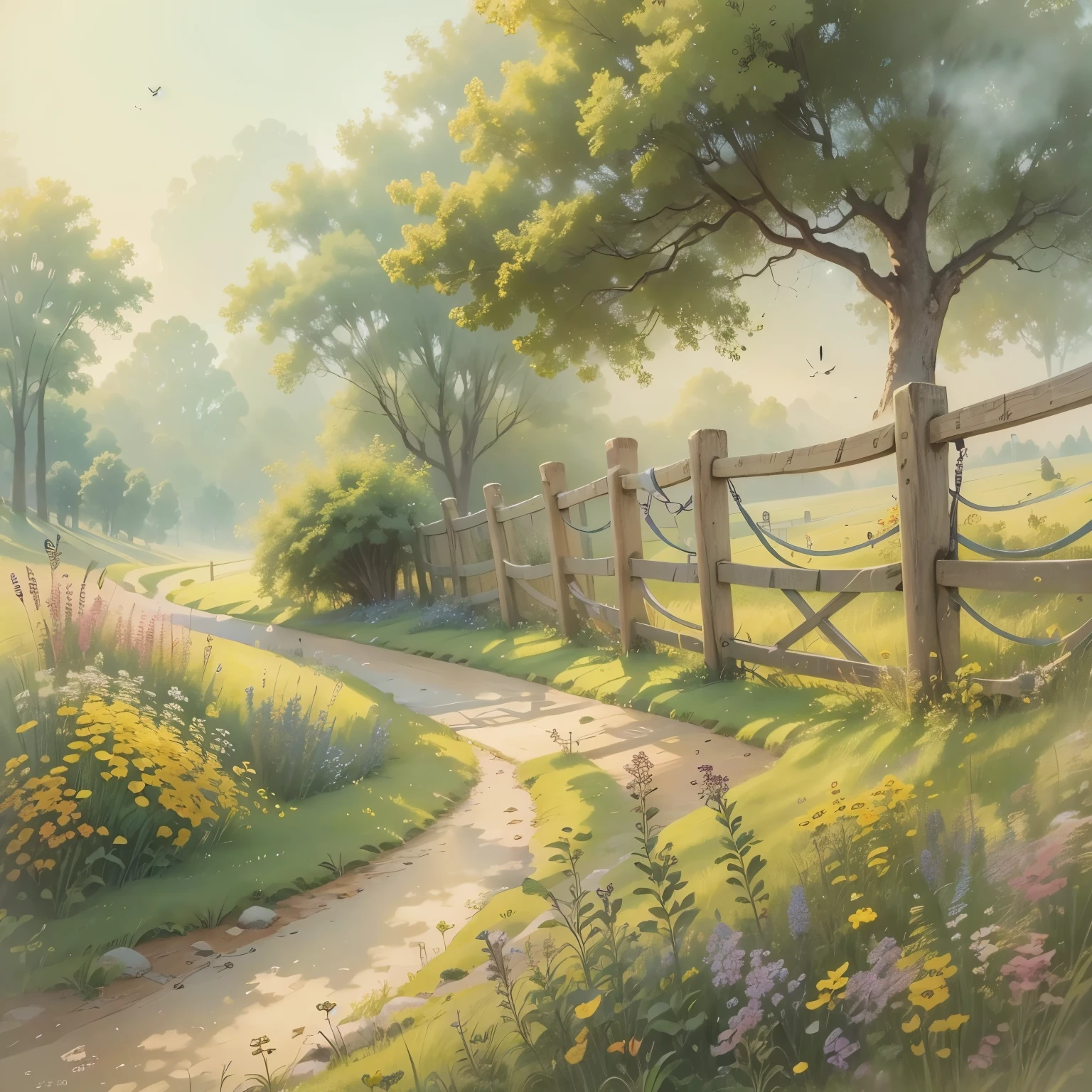 Quiet country road in the early morning sunshine, Green leaves sway gently in the breeze. The fields are filled with green wheat crops，Vibrant, Exuding a sense of vitality. in the distance, A little bird is singing happily on a branch, Welcome to the day. The air is filled with a faint floral fragrance, Create a peaceful and comfortable atmosphere. The whole scene is filled with the breath of spring, Energetic and joyful. Moderate: watercolor, Additional details in soft pastels: Rustic wooden fence on the roadside, An old-fashioned water well, Image quality dotted with wildflowers along the road: (best quality,4K,8K,high resolution,masterpiece:1.2), Super detailed, (actual,photoactual,photo-actual:1.37), high dynamic range, bright colors, Sharp focus art style: landscape, Impressionist tones: pastel tones, Earthy green and brown lighting: Moderate, The warm morning sun shines through the mist