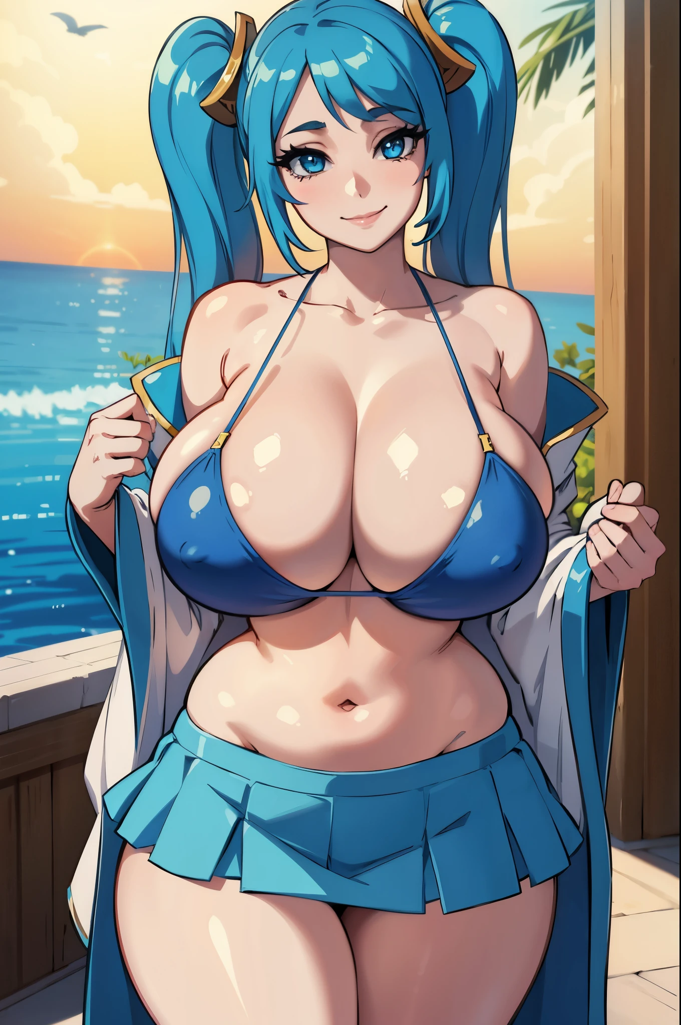 masterpiece, best quality, ultra-detailed, illustration, colorful, flat color, depth of field, lens flare, 1girl, sona buvelle, blue hair, blue eyes, twintails, anime, (closeup), detailed skin texture, beautiful detailed face, (bikini, bikini skirt), seductive smile, alluring attire, collarbone, (saggy breasts, gigantic breasts), curvy, plump, milf