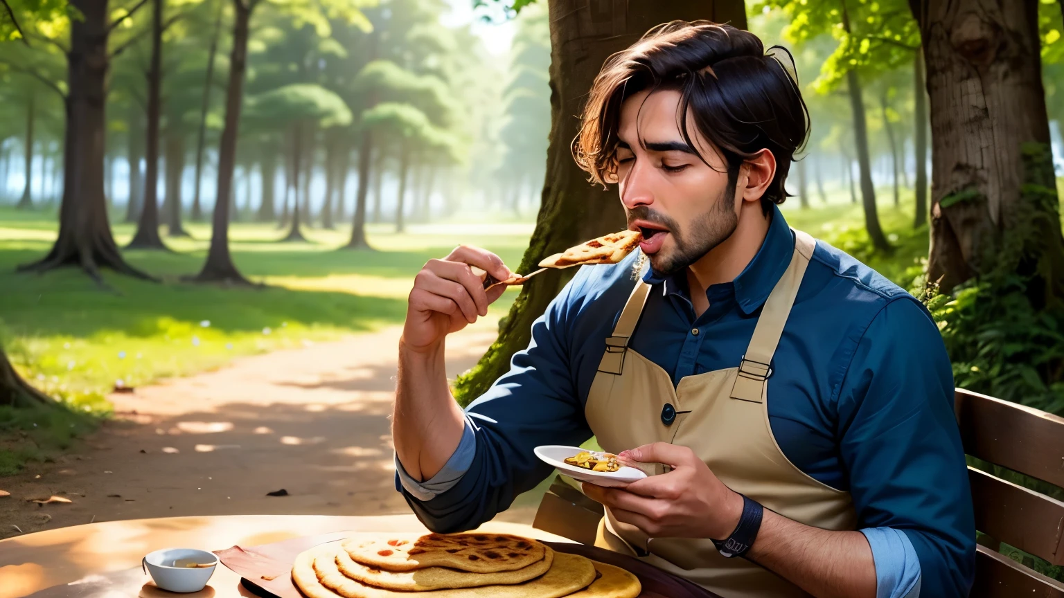 a man eating chapati at forest