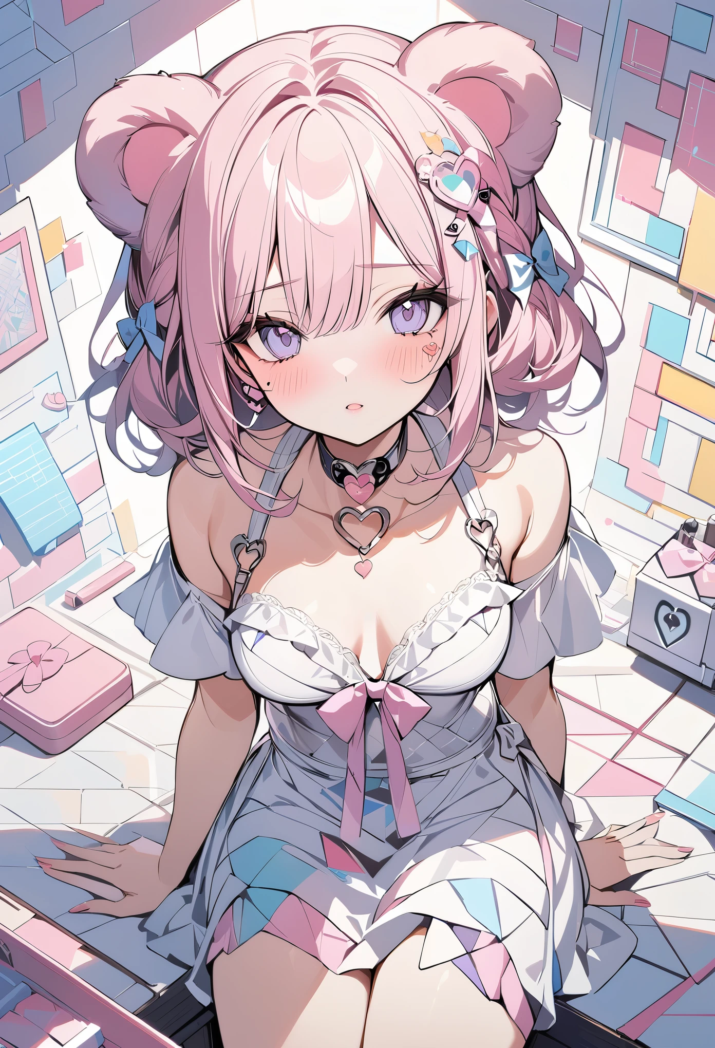 ,beautiful flower々),mole under eye, heart shaped choker, (masterpiece, highest quality), official art, beautiful and aesthetic: 1.2), (1 girl), very detailed, (geometry art: 1.3), colorful、pink bob hair、bear ears、 whole body