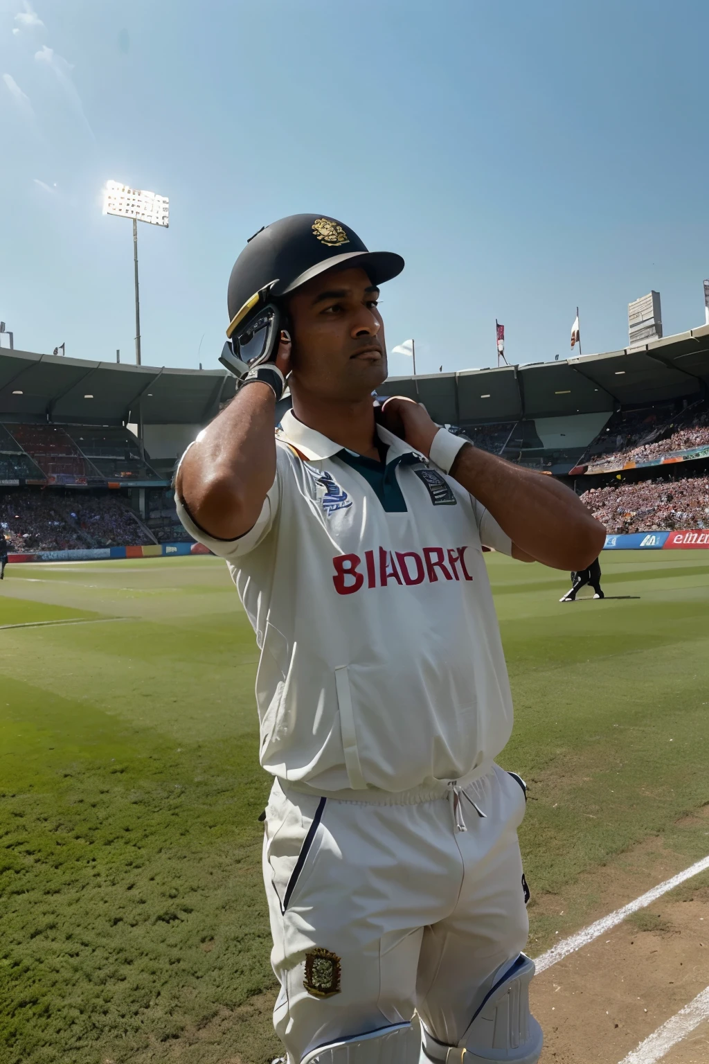 (best quality,4k,8k,highres,masterpiece:1.2),ultra-detailed,(realistic,photorealistic,photo-realistic:1.37), Mahendra Singh Dhoni, cricketer, iconic Indian sportsperson, legendary wicket-keeper, calm and composed demeanor, cricketing genius, cricket bat, cricket ball, cricket pitch, Indian cricket team, captain, leadership skills, long hair, helmet, gloves, determined eyes, strong upper body, stumping, helicopter shot, finishing skills, game-changing moments, World Cup trophies, Indian flag, stadium atmosphere, roaring crowd, floodlights, thrilling chase, tense moments, victorious triumph, celebration of cricket, gold medal, sweat dripping, enthusiastic fans, hit-wicket, memorable shots, euphoria, historical significance, renowned personality, cricketing legacy, admiration, respect, national hero